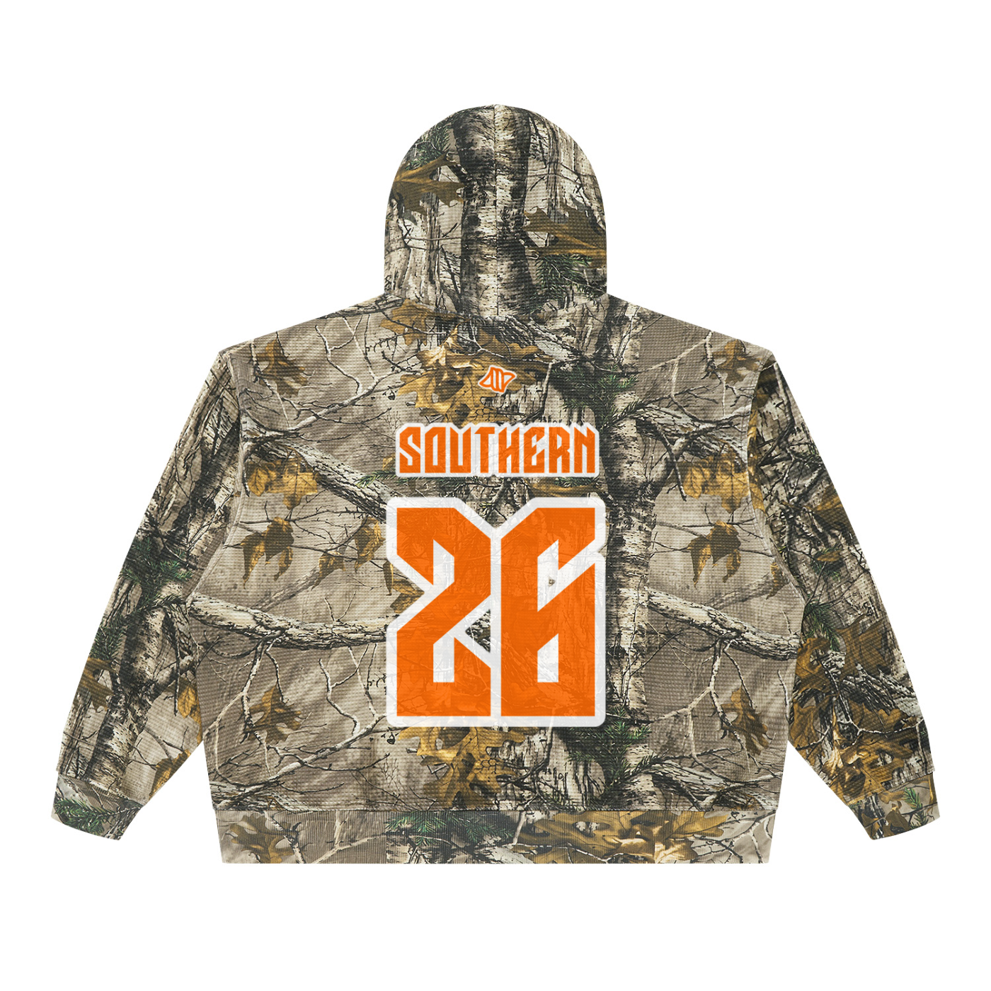Hunt & Harbor Southern 26 boxy hoodie in gray green tree camo, back view with SOUTHERN 26 varsity graphic in blaze orange