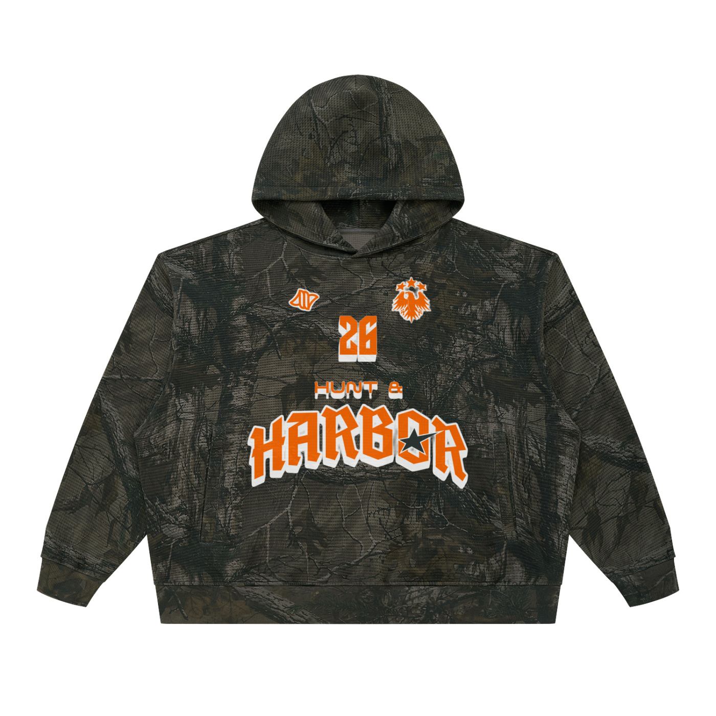 Hunt & Harbor Southern 26 boxy hoodie in gray tree camo with blaze orange varsity graphics, front view