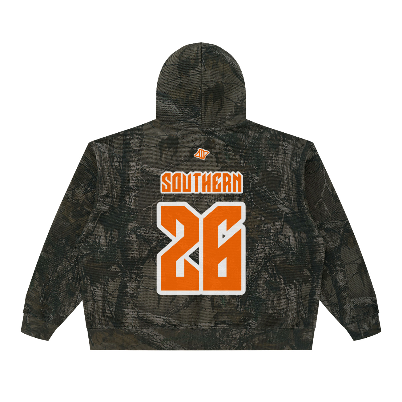 Hunt & Harbor Southern 26 boxy hoodie in gray tree camo, back view with SOUTHERN 26 varsity graphic in blaze orange