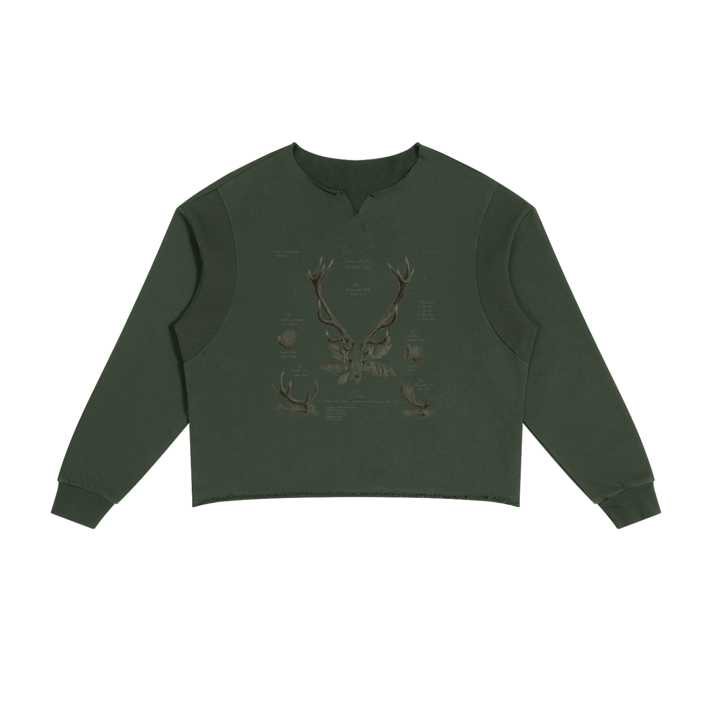 Hunt & Harbor Deer Antler Study boxy sweatshirt in army green with vintage red deer naturalist print, front view
