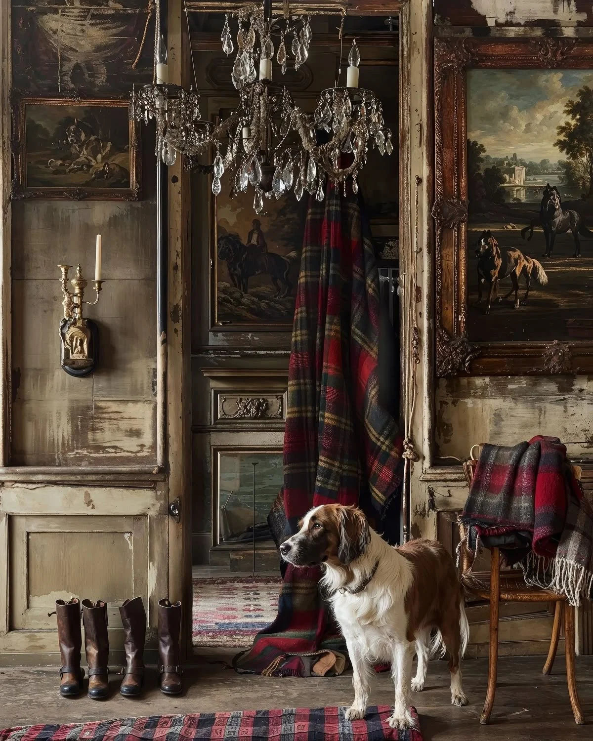 Interior of a vintage room with a crystal chandelier, framed paintings of horses, a pair of brown boots, a dog with brown and white fur, plaid blankets on a chair, and a rug.
