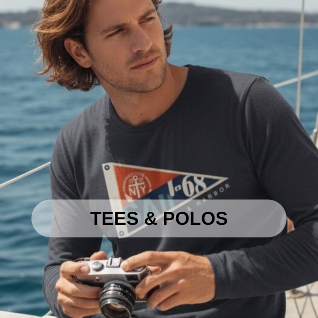 A man with shoulder-length brown hair, wearing a gray long-sleeve shirt with a colorful graphic, is sitting on a boat holding a camera. The background features blue water and a distant shoreline. The text "TEES & POLOS" is overlaid on the image.