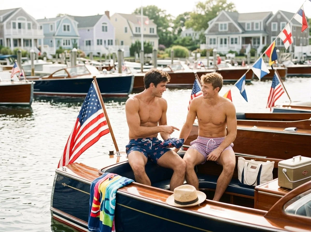 Men in patriotic swim trunks on a boat at a coastal marina — America's 250th celebration style
