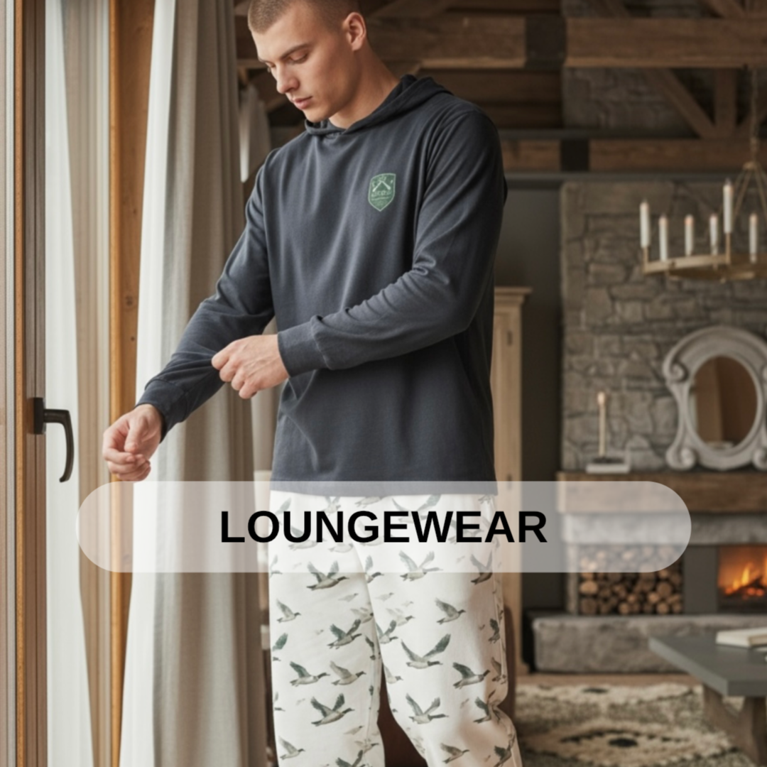 A young man wearing a dark hoodie with a small emblem on the chest and pajama pants with a bird pattern, standing in a cozy living room by a window, adjusting his sleeve.