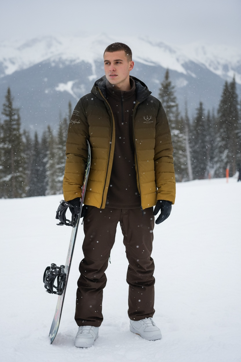A man with short dark hair and a beard, wearing a camouflage jacket and a tactical vest with a deer logo, holding a steaming mug, standing in a forest at sunrise or sunset.