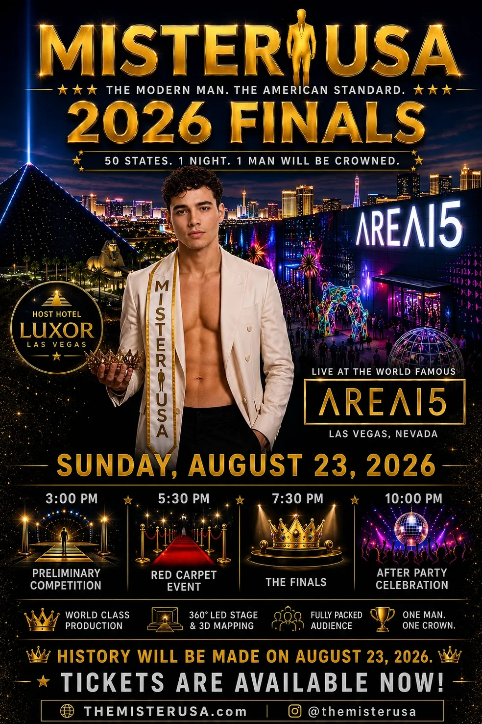 Event poster for Mister USA 2026 finals at Areal 15 in Las Vegas, Nevada, on August 23, 2026. Features a young male contestant holding a crown, with details of event schedule, location, and highlights.