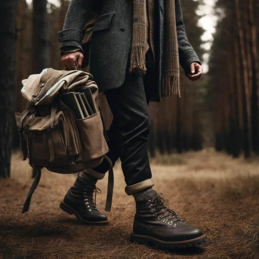 A person standing in a forest wearing brown lace-up boots, dark pants, a gray coat, and a patterned brown scarf, holding a tan backpack with rolled-up items inside.