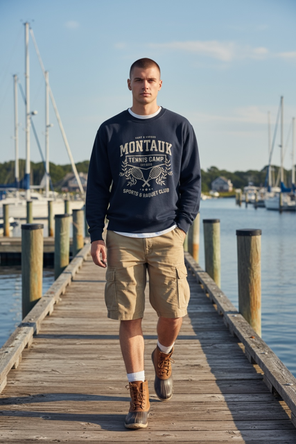 Young man walking on a wooden dock near a marina with boats and sailboats in the background