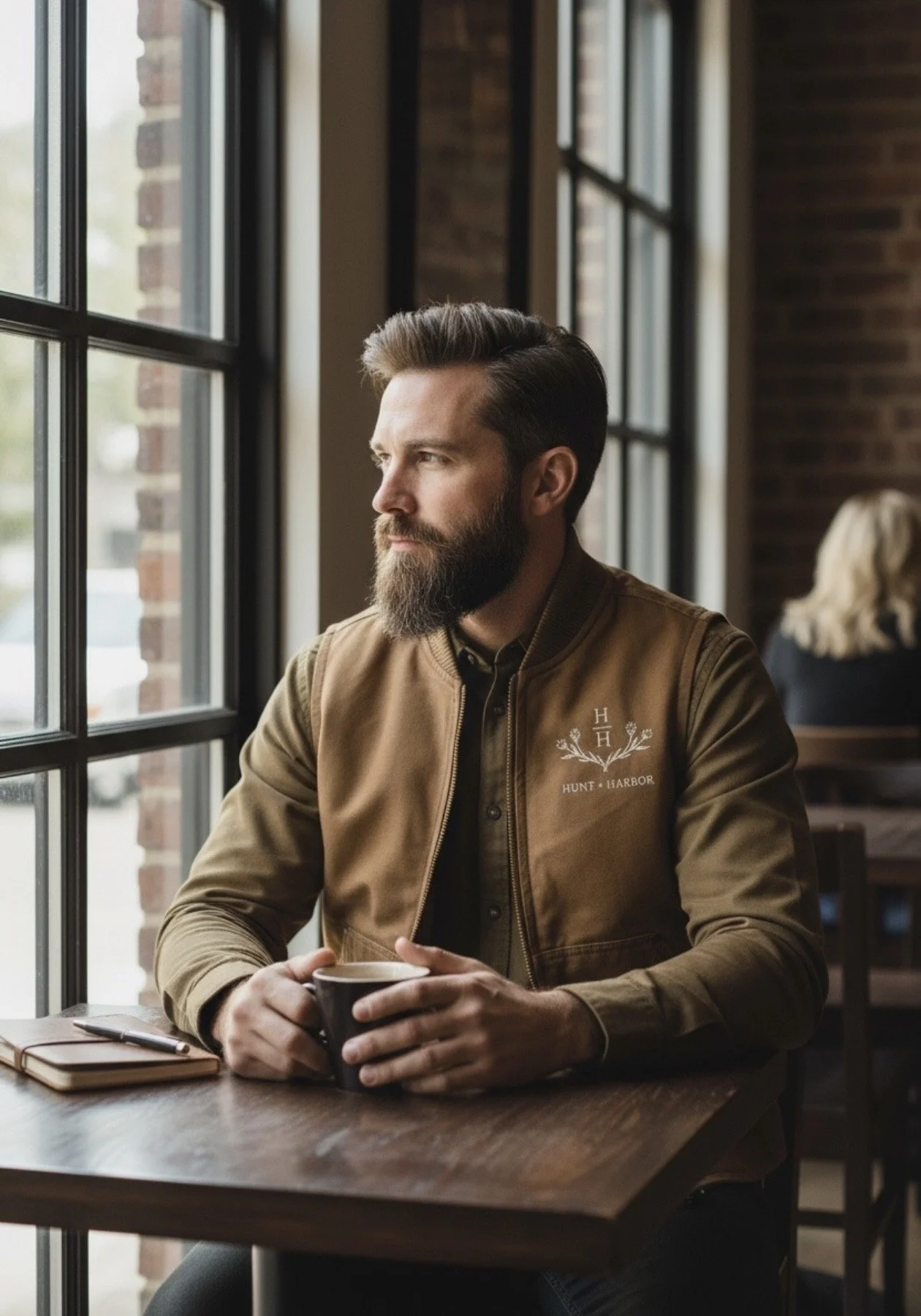 Man in a brown sweater wearing a brown Cornerstone hunting vest from Hunt & Harborwith a beard
