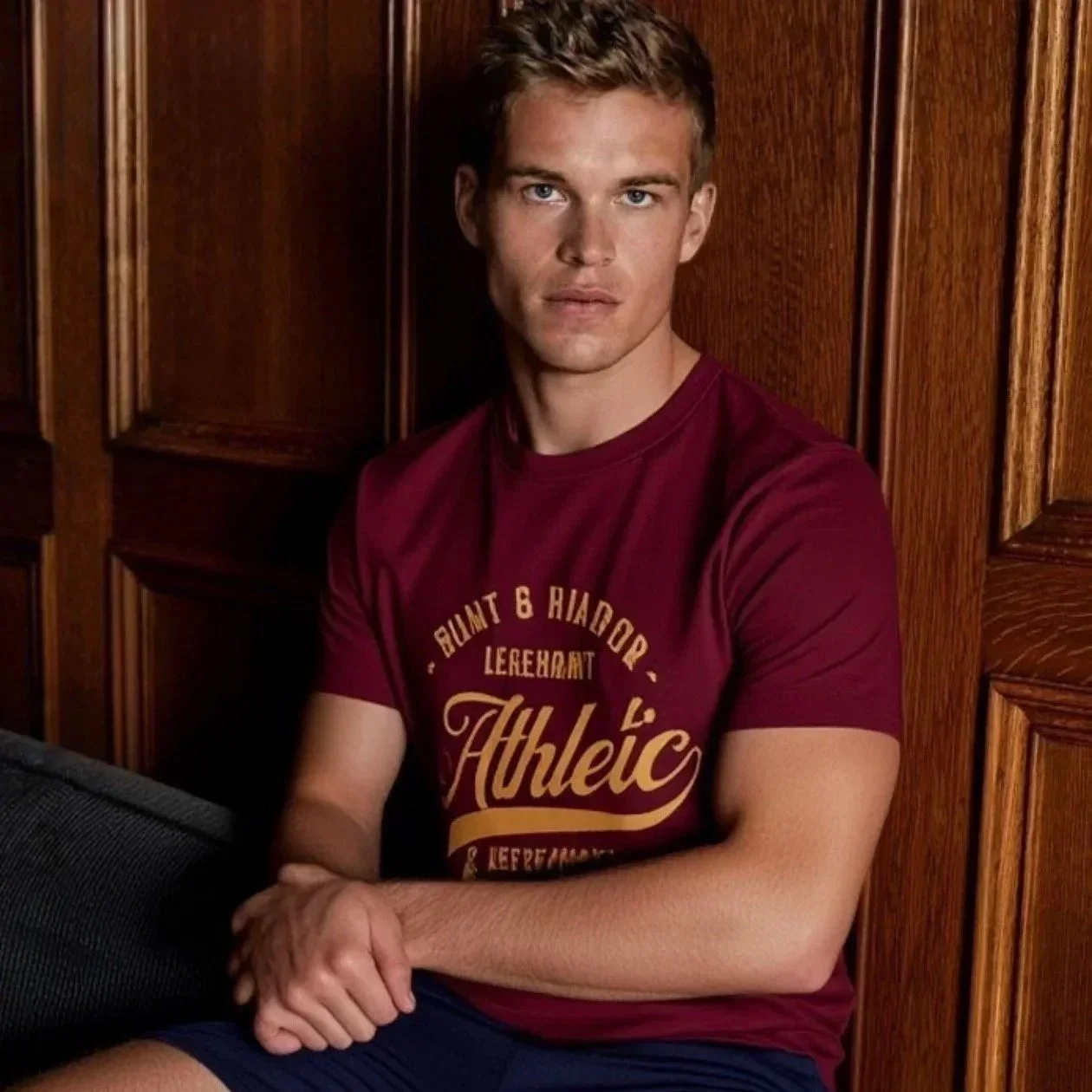 Young college age guy wearing a maroon Athletic tee from Hunt and Harbor with yellow lettering and blond hair in a varsity type school setting or university
