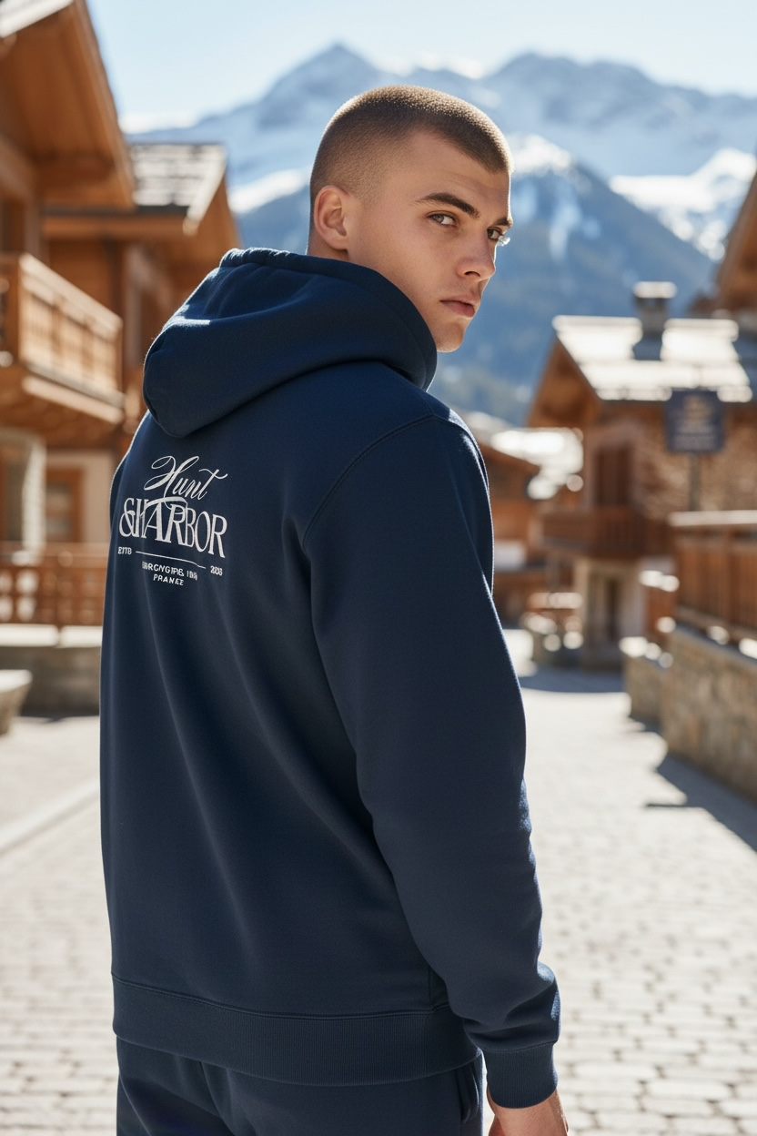 A young man walking on a city street, wearing a green hoodie with a crest on the chest, light blue jeans, and a white baseball cap.