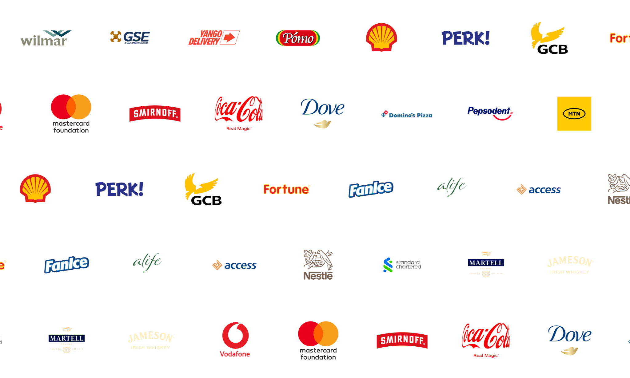 Collection of various logos from companies and brands, including Wilmar, GSE, Yango Delivery, Pomo, Shell, Perk, GCB, Mastercard Foundation, Smirnoff, Coca-Cola, Dove, Domino's Pizza, Pepsodent, MTN, FanIce, Alife, Access, Nestlé, Standard Chartered, Martell, Jameson Irish Whiskey, Vodafone.