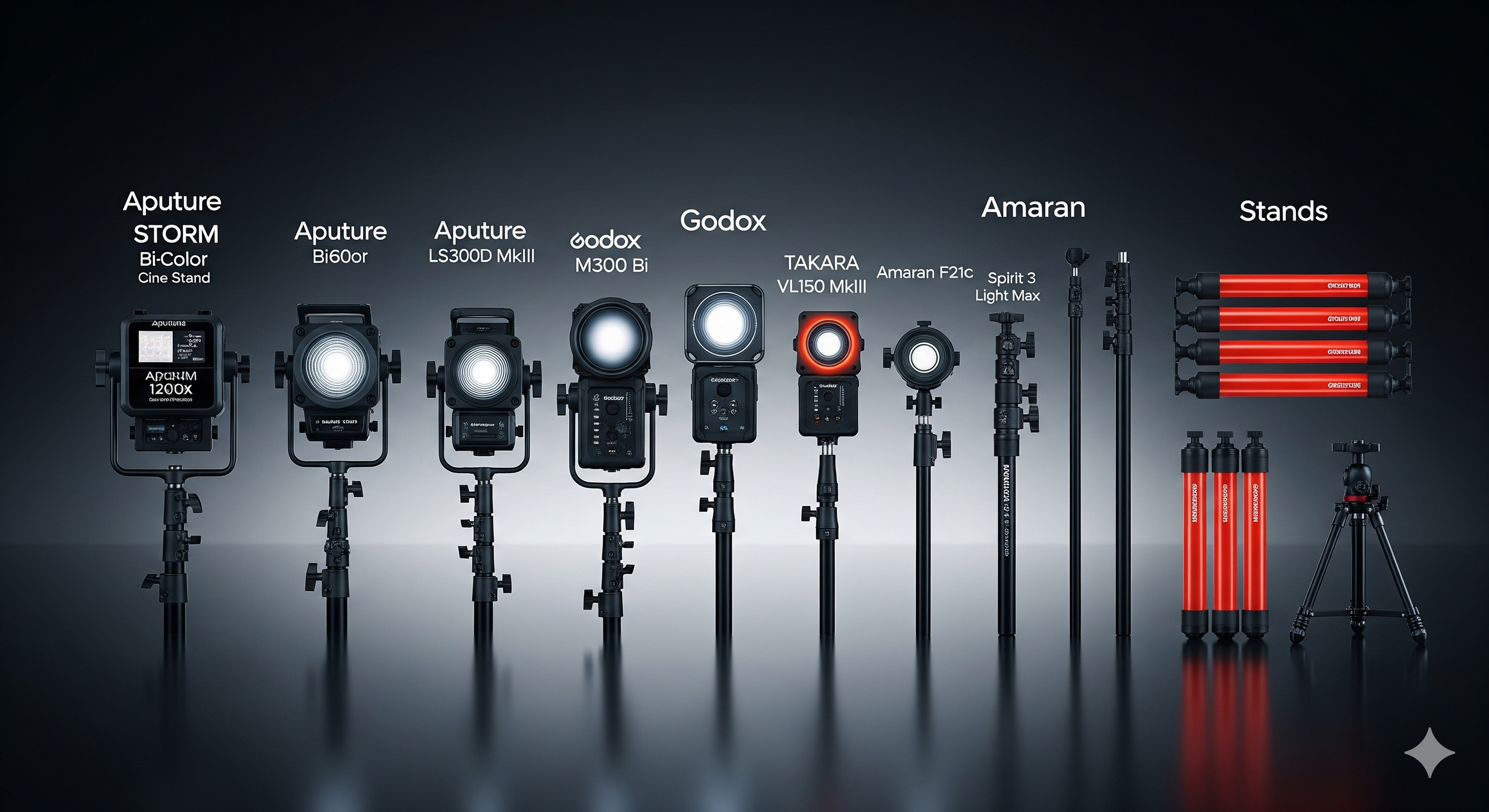Comparison of various professional lighting equipment on a dark background, showing brands and models, with labeled sections for bi-color lights, monolights, modifiers, and stands.