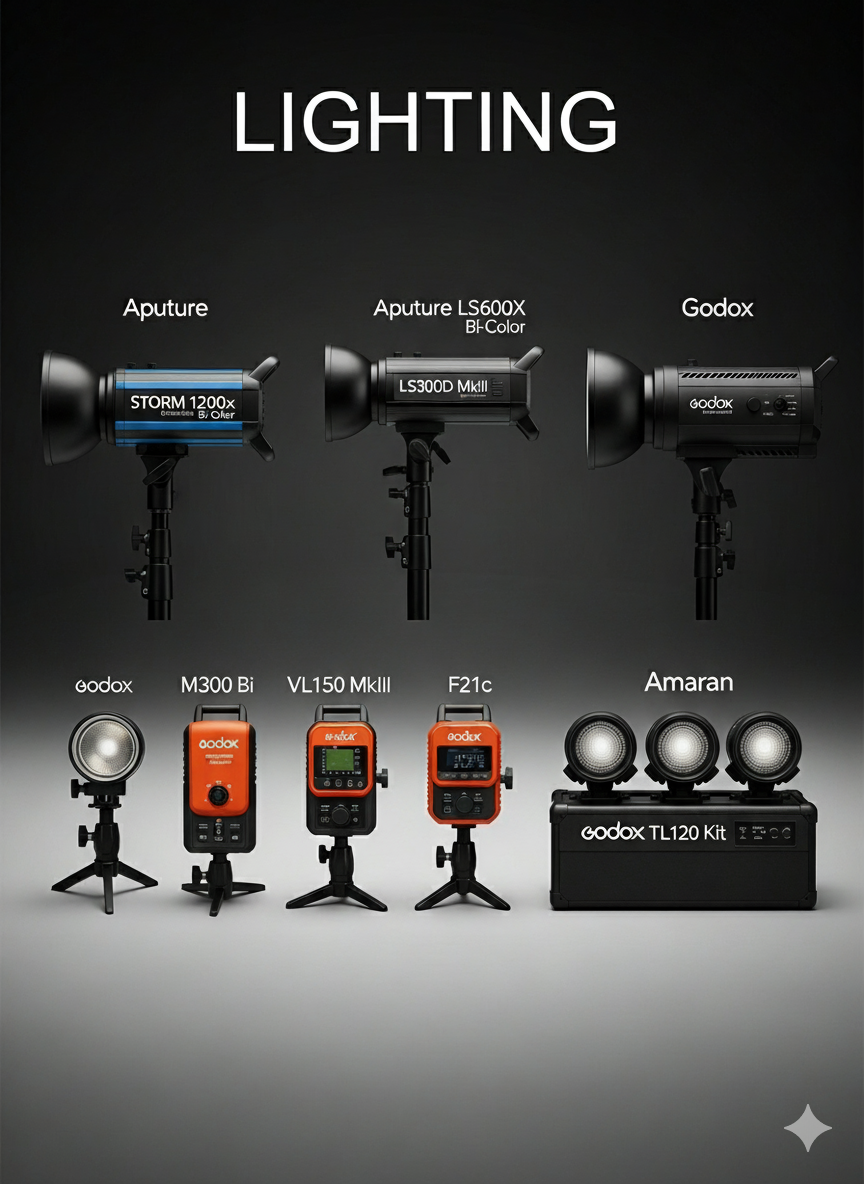 A display of professional photography and lighting equipment including three studio lights labeled Aputure STORM 1200x, Aputure LS600X BF-Color, and Godox, followed by four portable flash units labeled Godox M300 Bi, VL150 MkIII, F21c, and a set of three LED lights on a stand labeled Amaran, all against a black background.