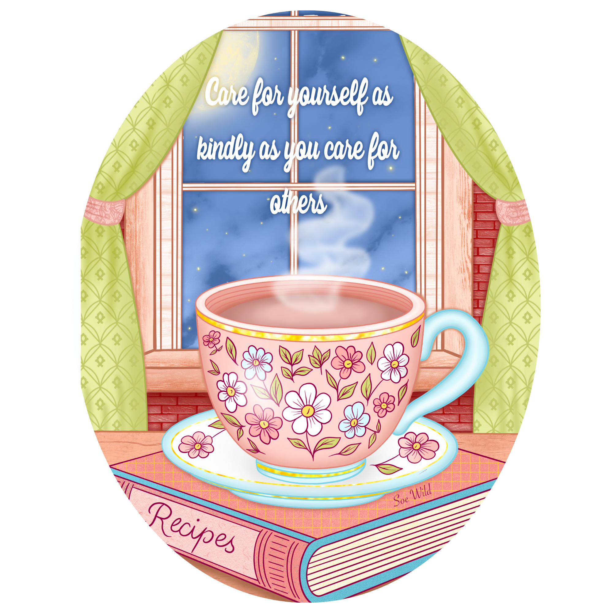 Une tasse à café ou thé à motifs floraux est posée sur un livre intitulé 'Recettes' dans un intérieur avec une fenêtre. Le texte dans l'image dit : 'Prenez soin de vous aussi bien que vous prenez soin des autres'.