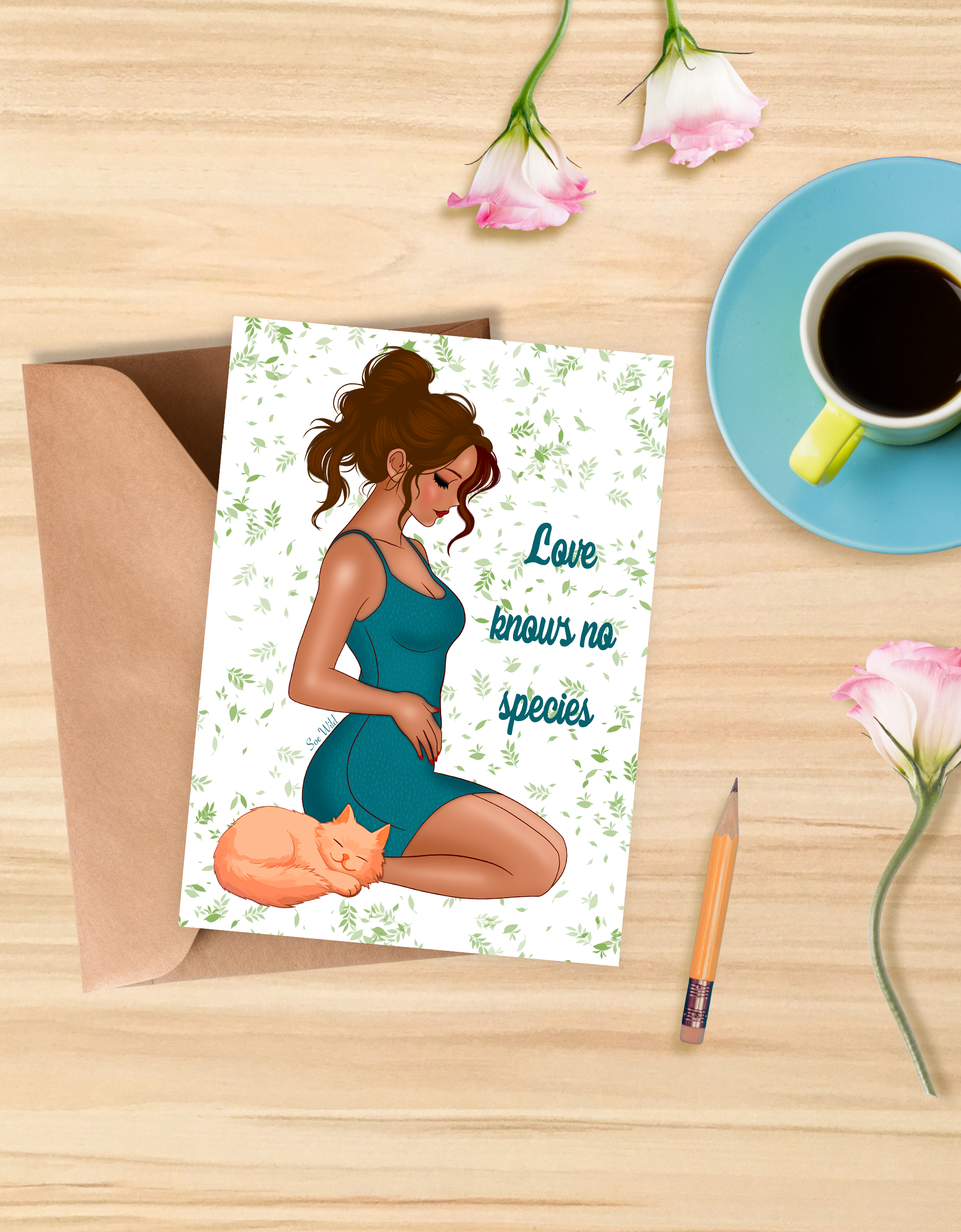 Carte inclusive  Femme et son chat "Love knows no species"