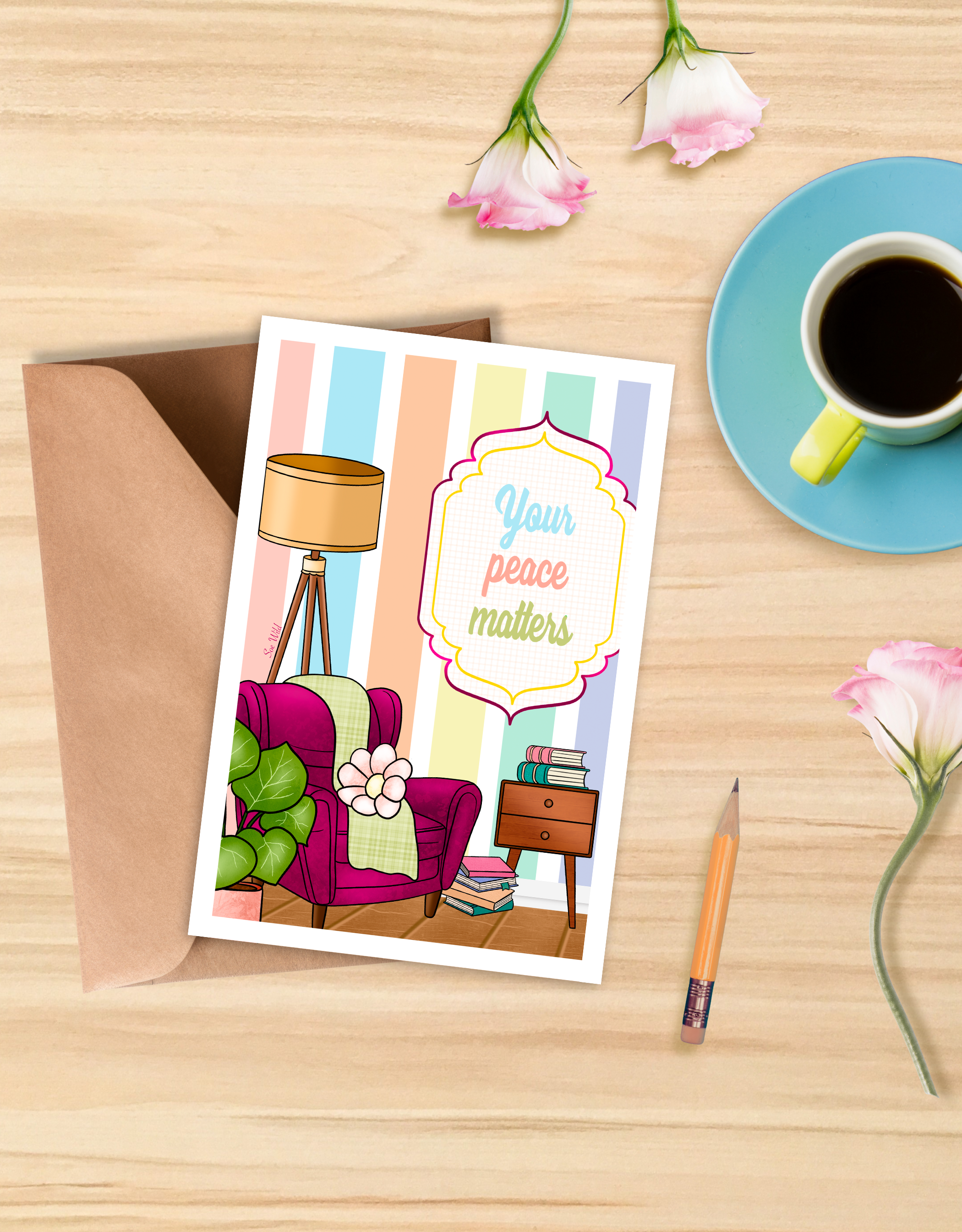 Carte scène salon cozy et apaisant 10x15cm « Your peace matters »