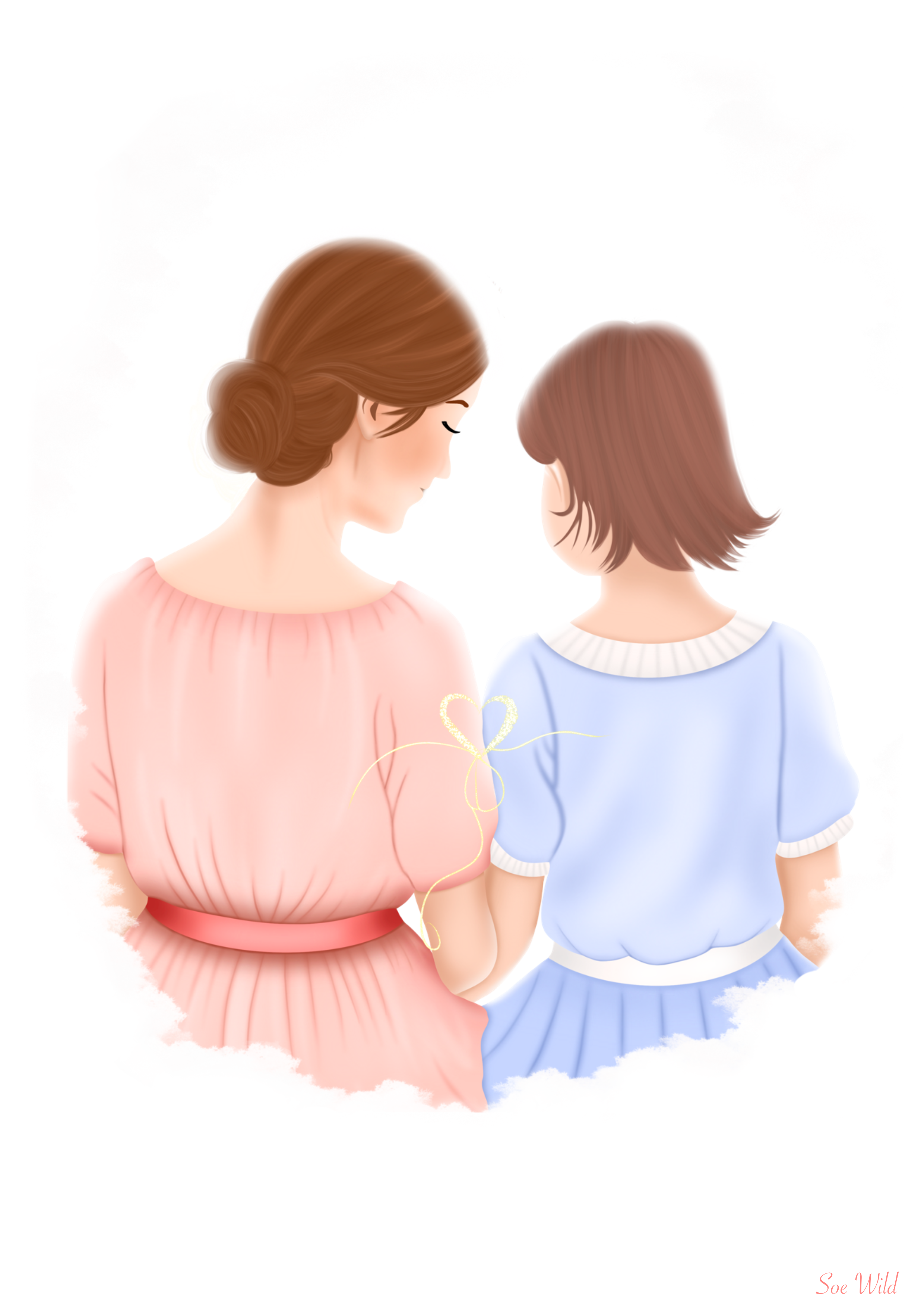 Une femme et une jeune fille se tiennent la tête inclinée, échangeant un regard affectueux, avec un fil d'or formant un cœur entre elles.