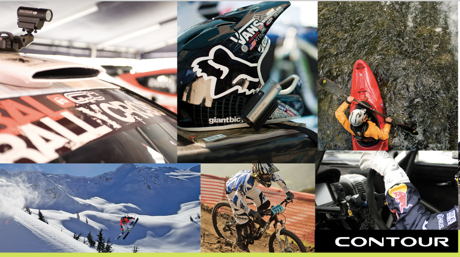 Collage of sports and outdoor adventure activities including rally car racing, mountain biking, kayaking, snowboarding, skiing, and motocross.