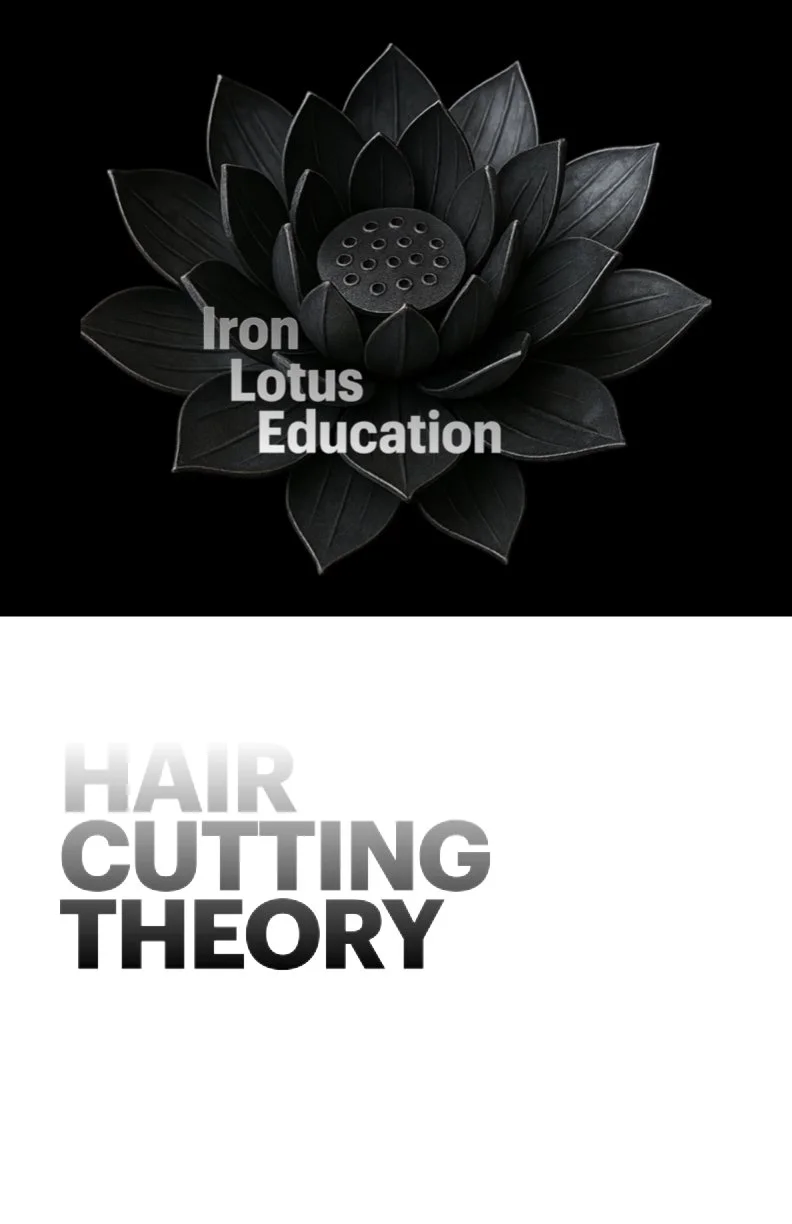 A black lotus flower with text 'Iron Lotus Education' at the center, and the phrase 'Hair Cutting Theory' in bold, gradient gray and black letters below.
