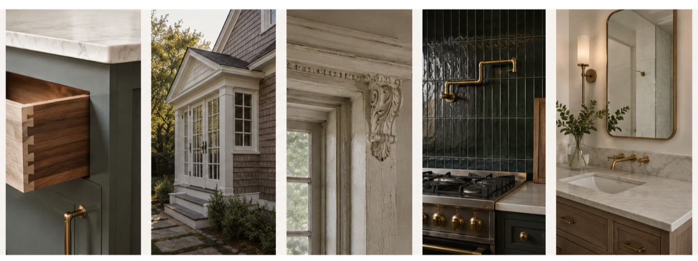 A series of five interior and exterior architectural and design elements including a close-up of a kitchen drawer, an outside view of a house with a porch, a detailed interior window frame with decorative molding, a modern kitchen stove with black tiles and brass fixtures, and a bathroom vanity with a marble countertop, mirror, and green plant.