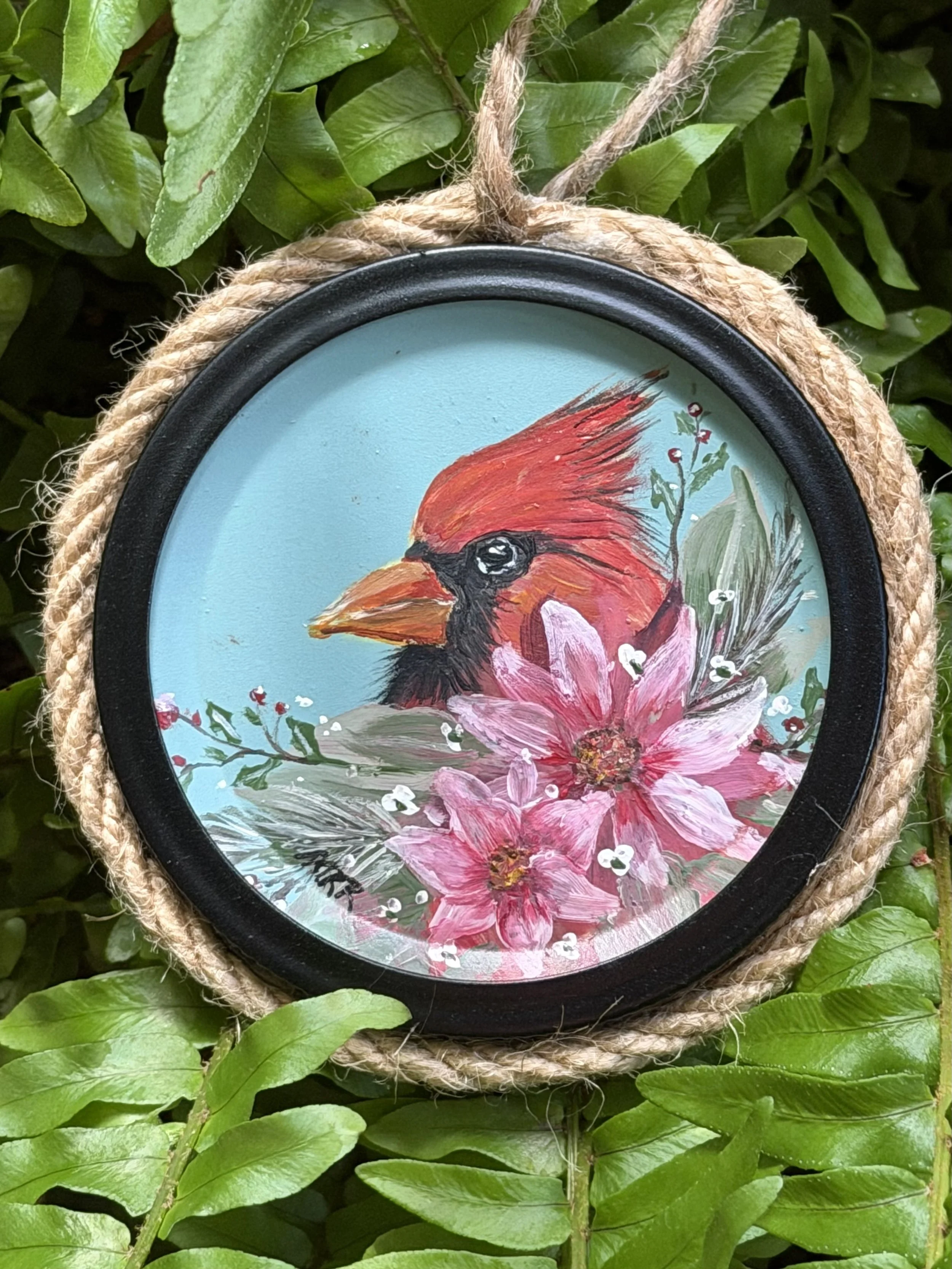 Cardinal and Poinsettias - Original Acrylic on Ornament