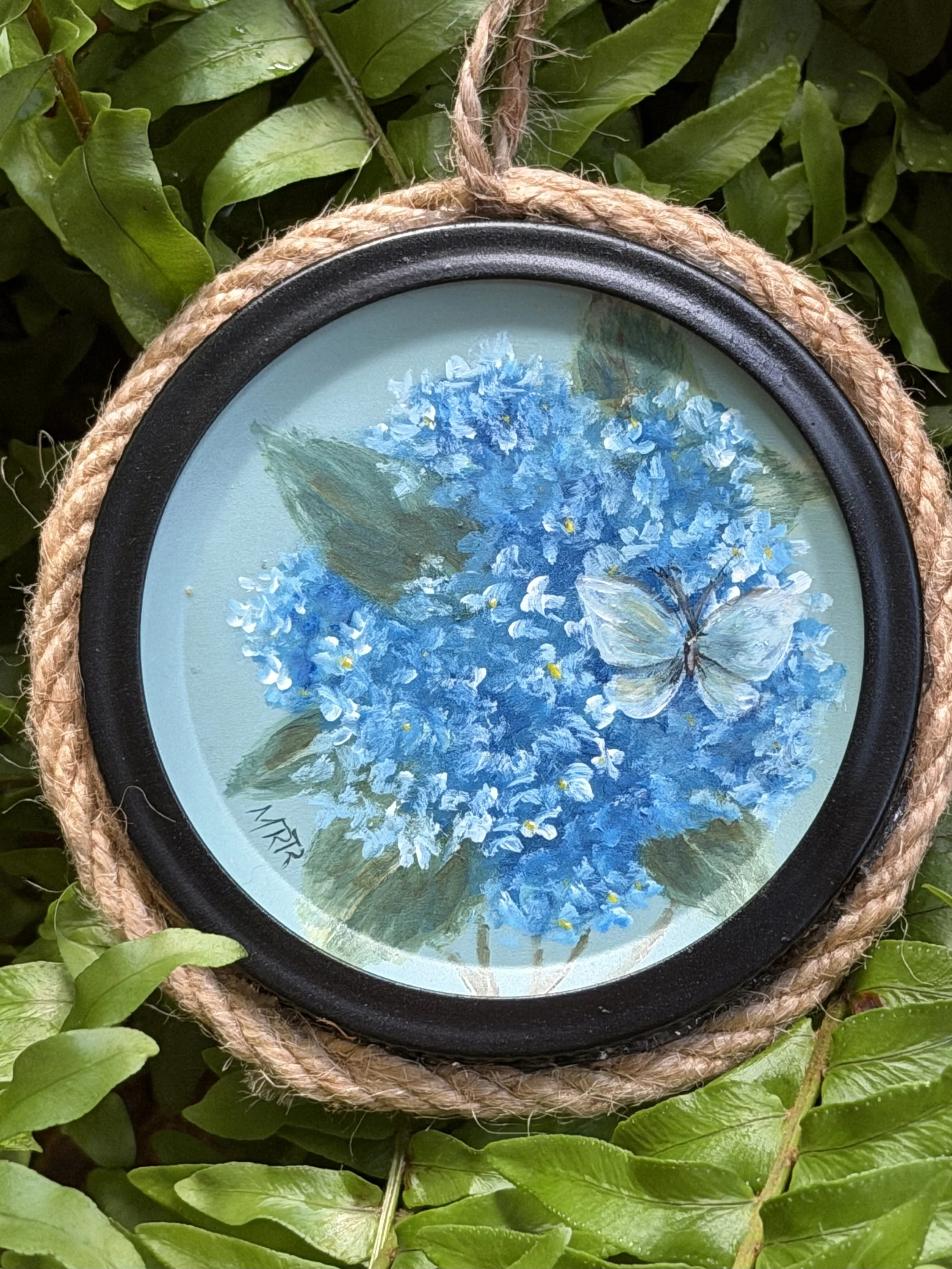 Hydrangea and Butterfly - Original Acrylic on Ornament