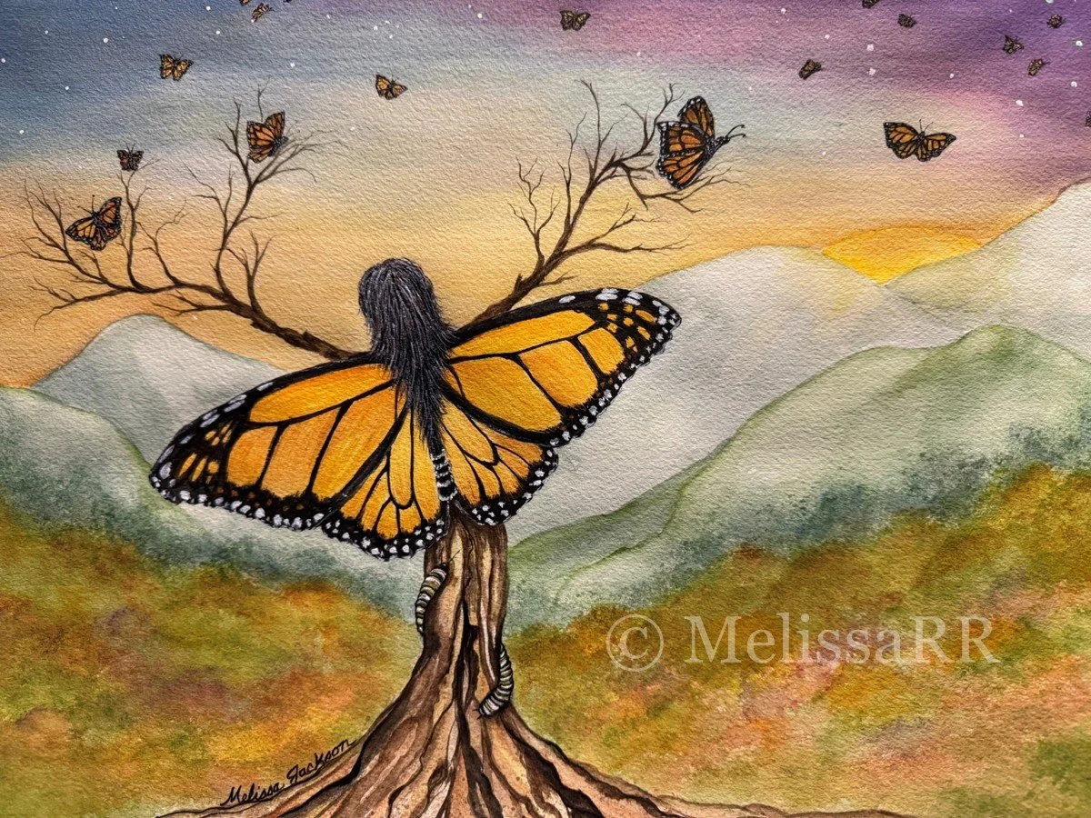 A watercolor painting of a monarch butterfly with a human head and hair, sitting on a tree branch. Other butterflies are flying around during sunset in the background, with mountains and colorful sky.
