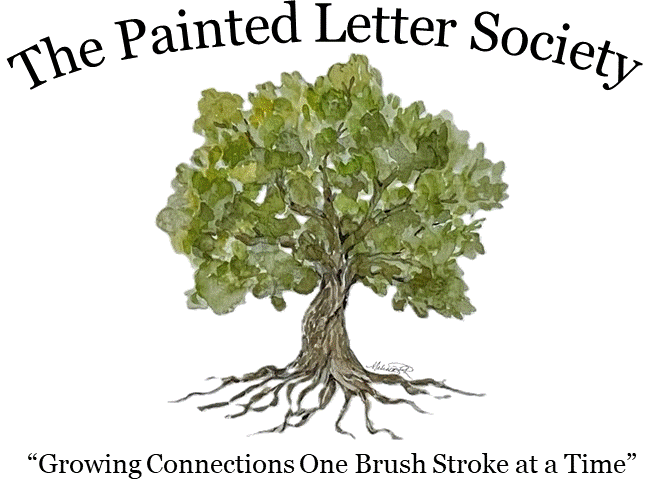 Watercolor illustration of a leafy green tree with roots visible, accompanied by the text 'The Painted Letter Society' at the top and the quote 'Growing Connections One Brush Stroke at a Time' at the bottom.