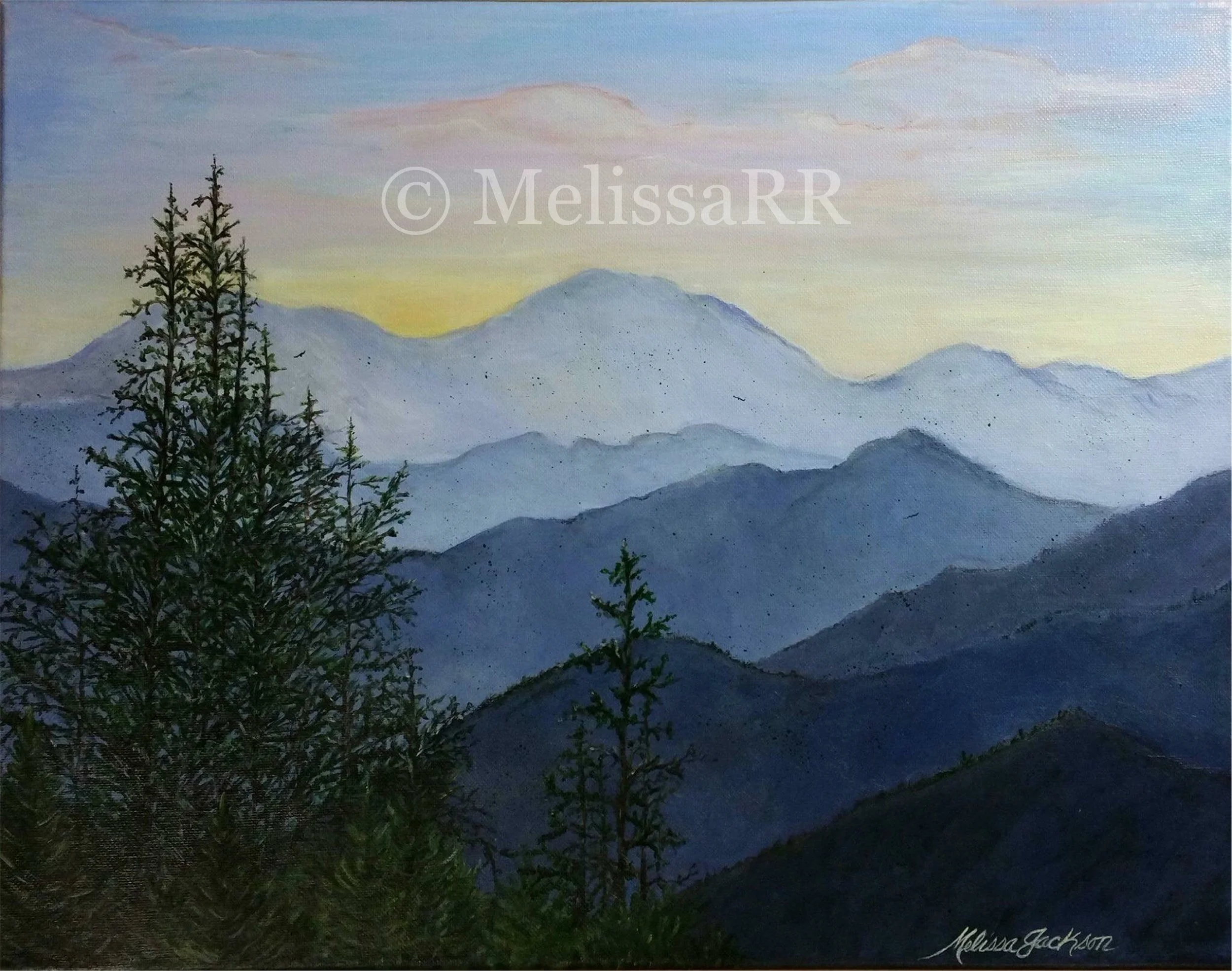 Oil painting of a mountain landscape during dawn, with layers of blue and purple mountains receding into the background and silhouettes of evergreen trees in the foreground, and a pale yellow sunrise near the horizon.
