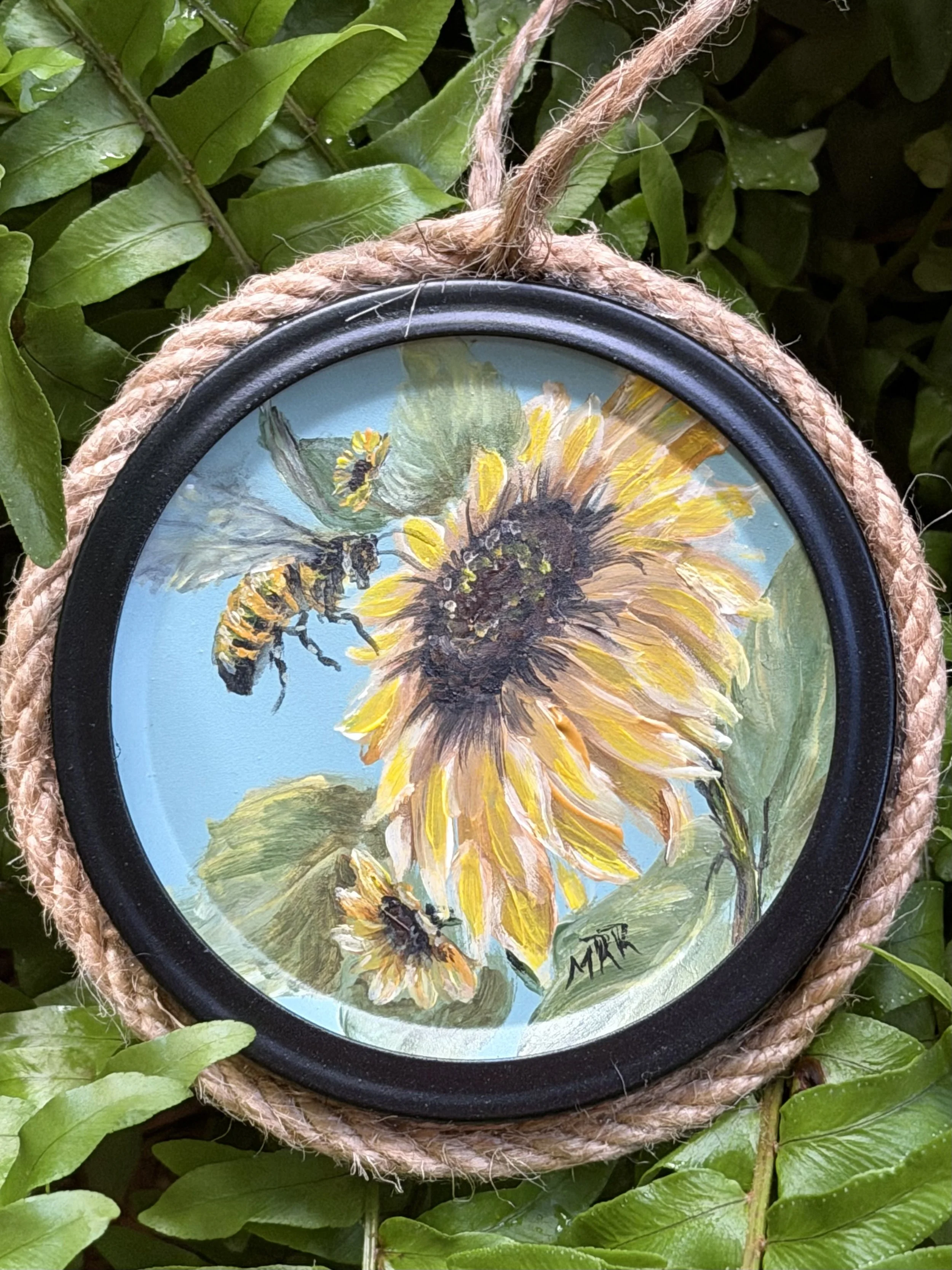 Sunflowers and Bee- Original Acrylic on Ornament