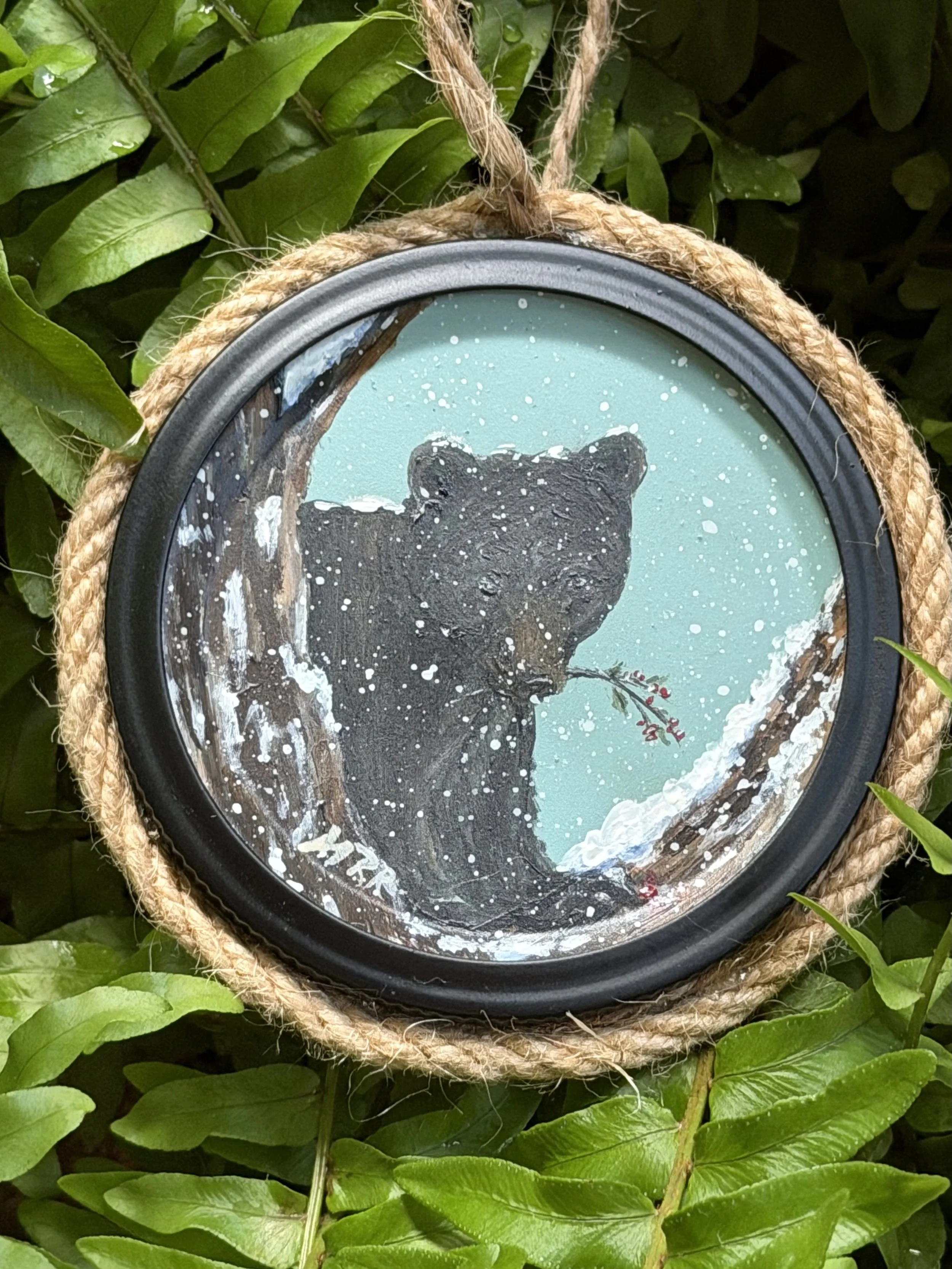 Bear Cub and Berries - Original Acrylic on Ornament