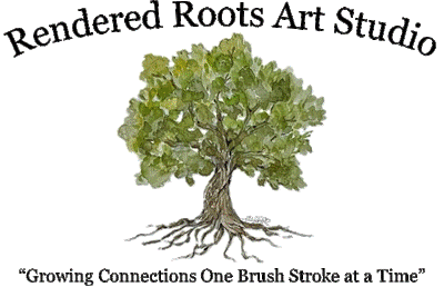 A logo for Rendered Roots Art Studio featuring a large green tree with roots, with text above and below.