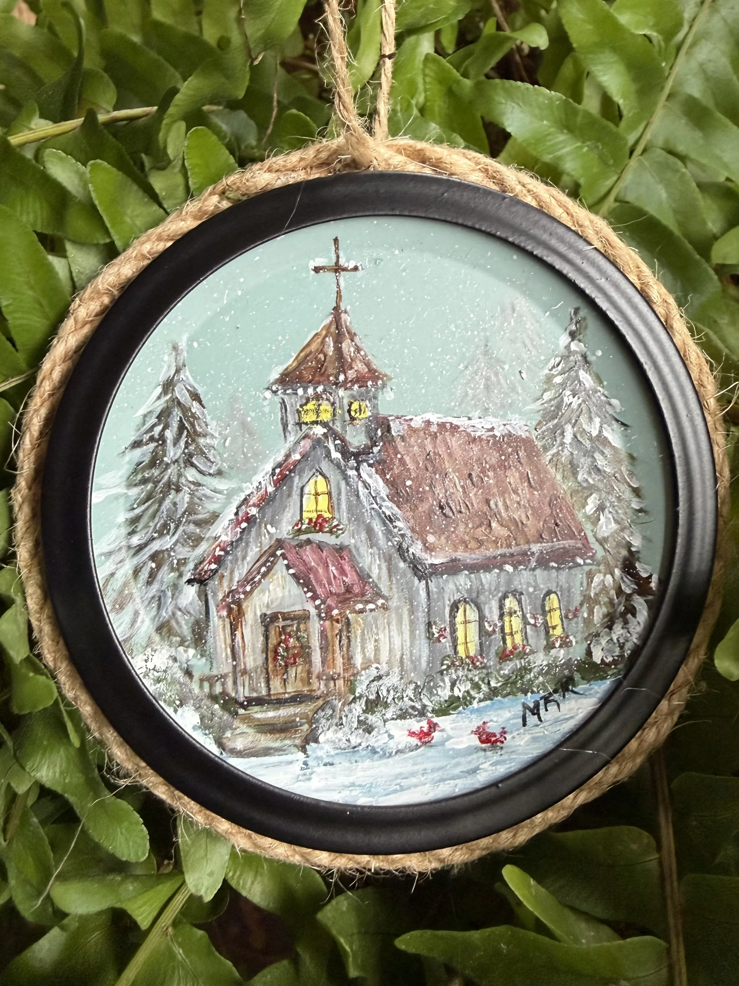 "Primitive Church" - Original Acrylic on Ornament