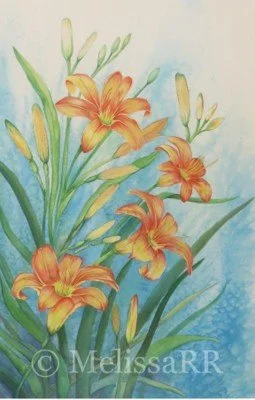 Watercolor painting of orange lilies with green leaves and buds, background in soft blue shades.
