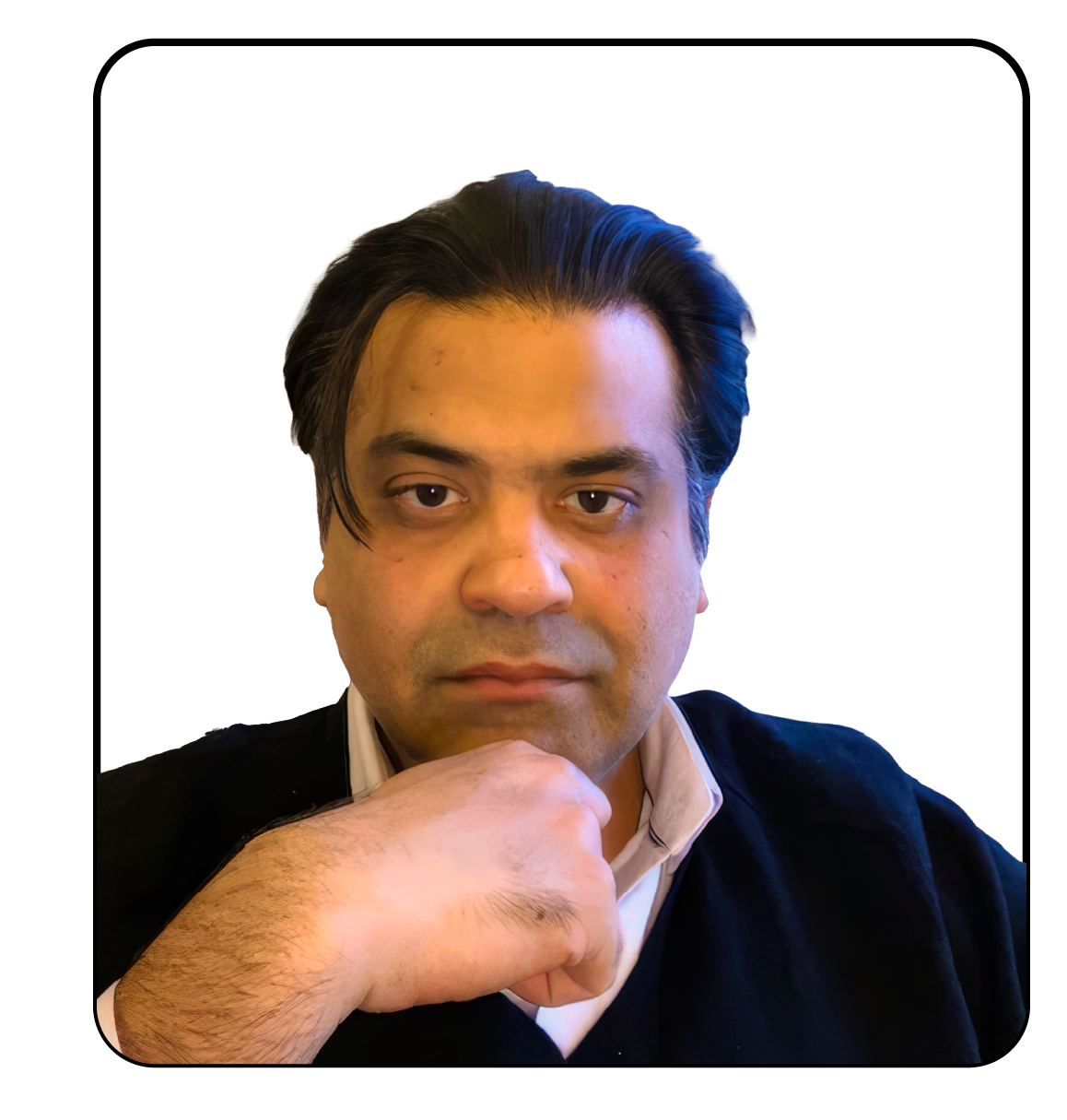 Portrait of a man with dark hair, resting his chin on his hand, wearing a black robe over a white shirt.