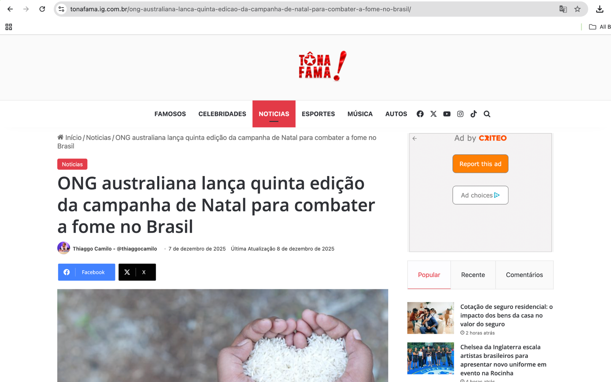 Screenshot of a news article from To na Fama.