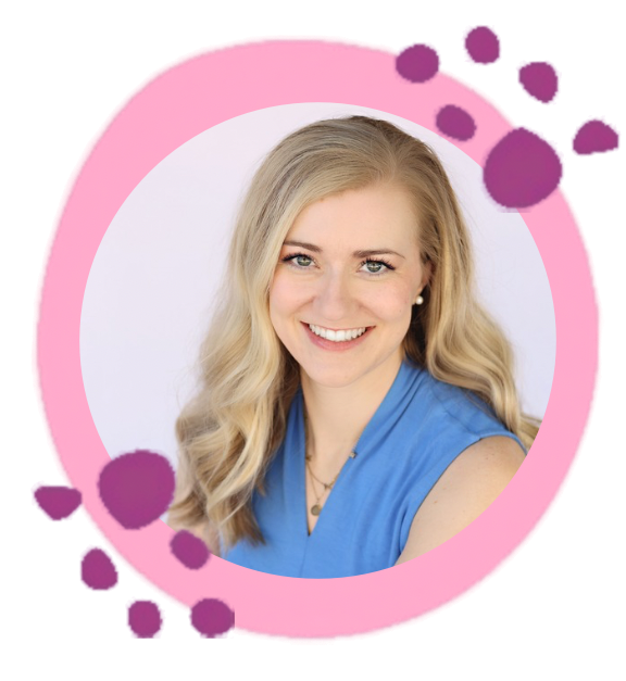 A smiling woman with long blonde hair wearing a blue sleeveless top, posing against a white background with a pink and purple abstract circular design.