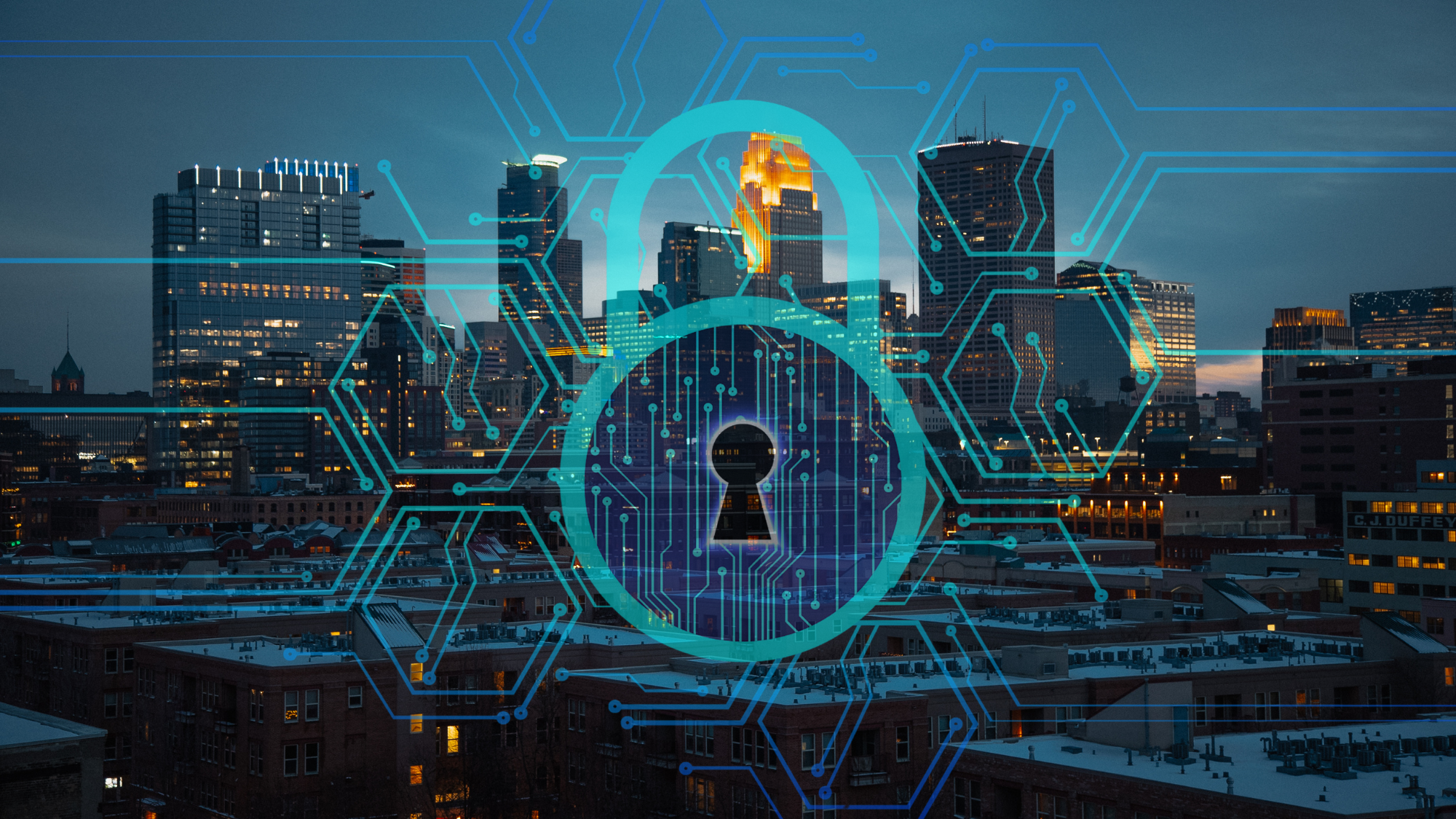 City skyline at dusk overlaid with digital lock and circuit lines symbolizing cybersecurity.
