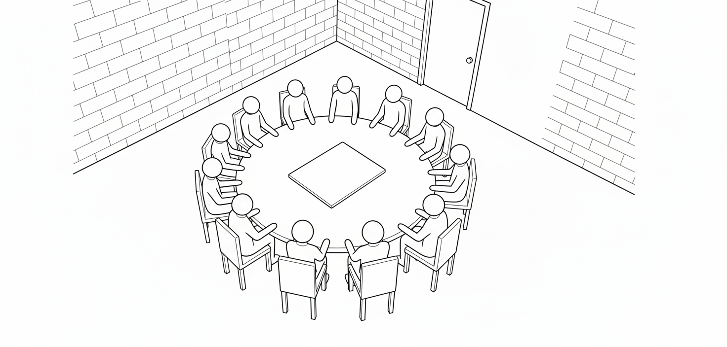 A black and white line drawing of a circular conference room with 12 people seated around a round table, with a square object in the center. The room has brick walls, a door, and no other visible features.