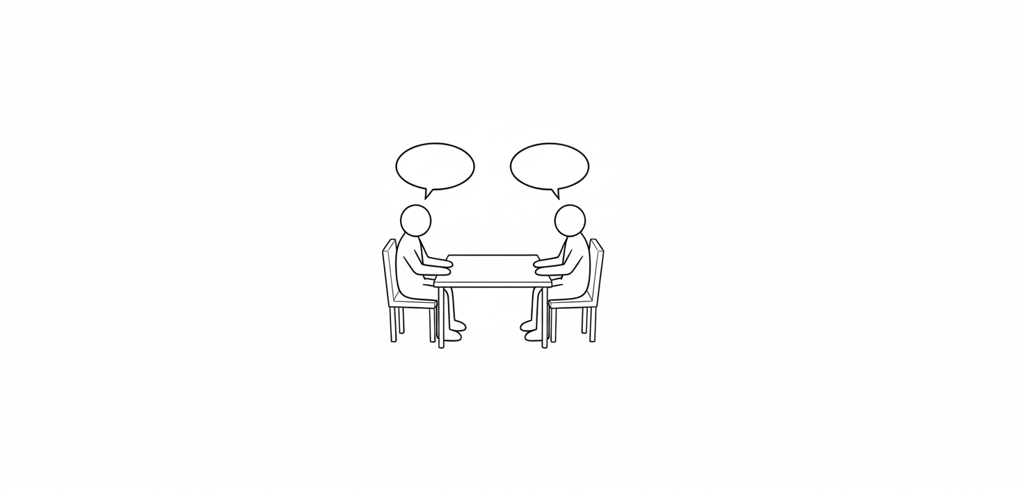 Line drawing of two people sitting across from each other at a table, each with a speech bubble above their head.