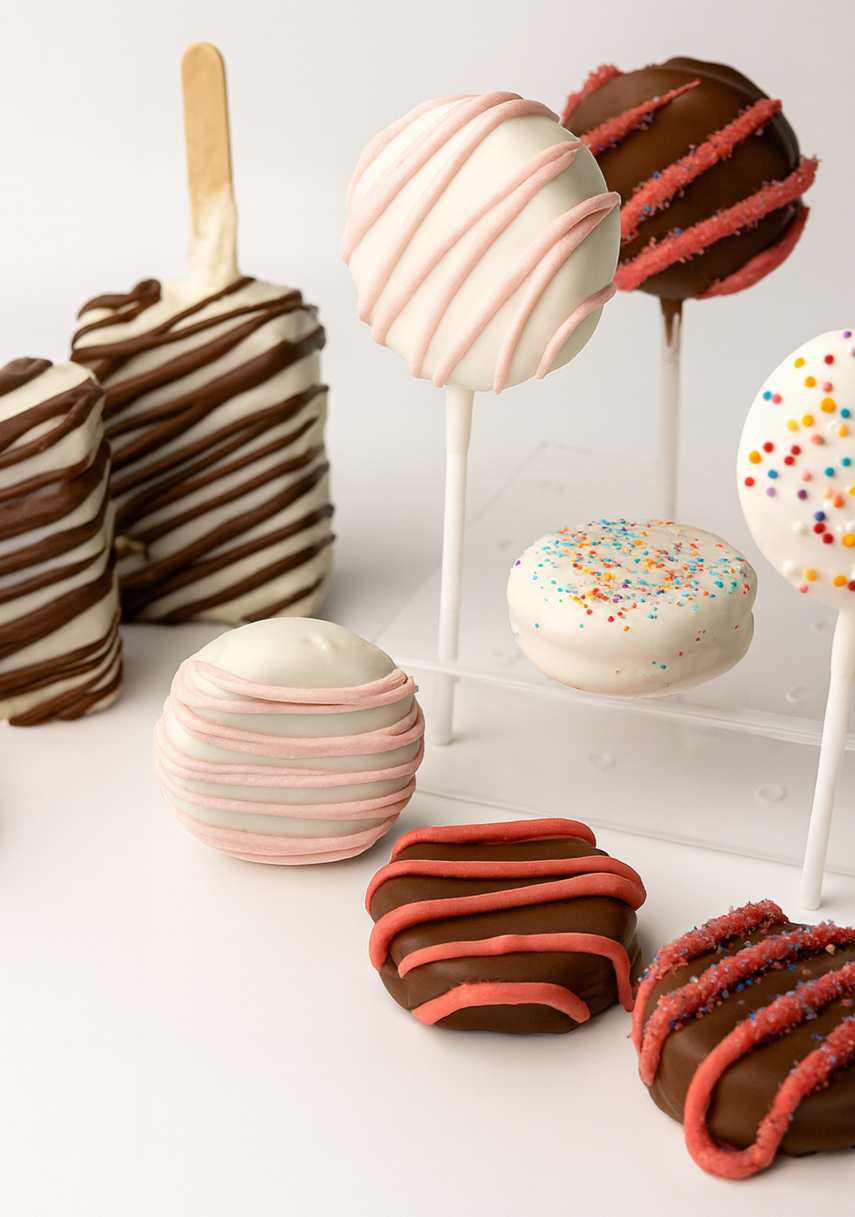 DIPPED TREATS -Our signature dipped treats are a whimsical mix of chocolate covered favorites each hand-decorated to match your theme or event. Every bite is sweet, crunchy, and made to impress. Perfect for party favors, dessert tables, or gifts that