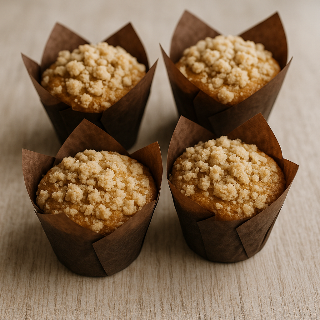 Muffins -These delicious treats bring homemade warmth to every bite. Baked fresh in small batches and wrapped in charming tulip liners, each muffin is topped with a buttery crumble and bursting with comforting flavor. They’re the dreamiest little tre