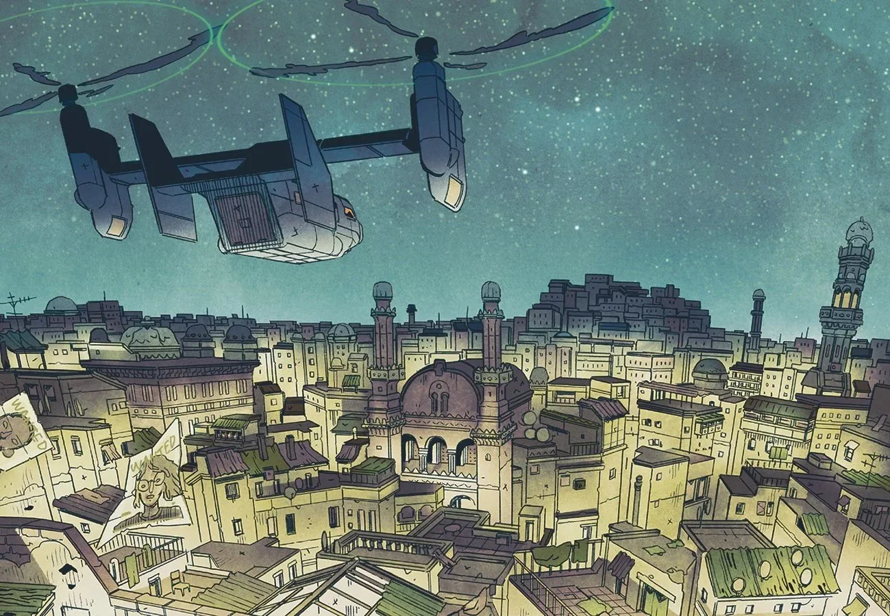Illustration d'une ville nocturne avec un drone en vol au-dessus.
