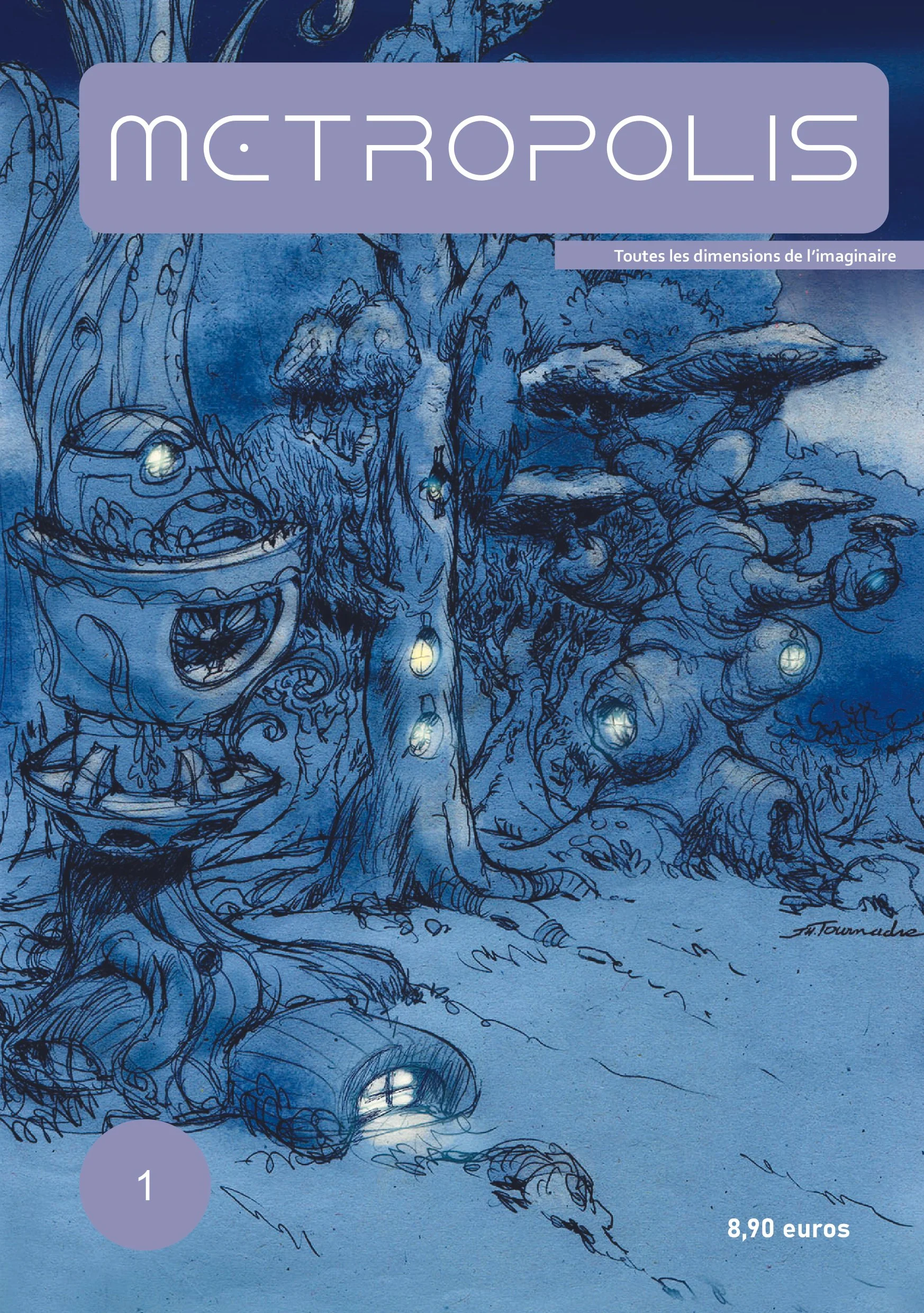 Couverture d'un livre intitulé "Métropolis" avec une illustration en style esquisse représentant un arbre, une maison et une structure mécanique ou futuriste, dans des tons bleus et violets.