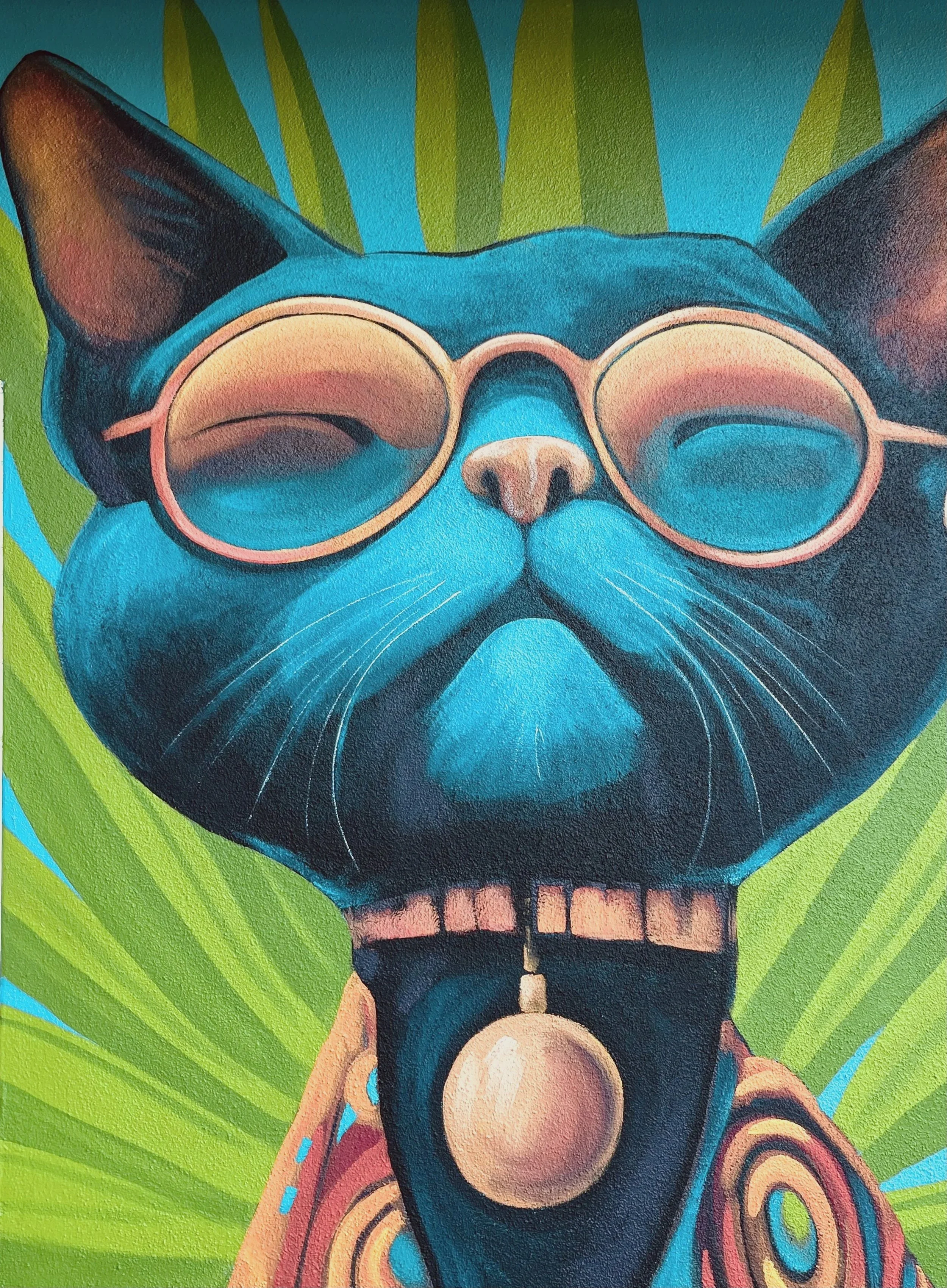 A colorful painting of a black cat wearing round sunglasses and a collar with a large pendant, against a background with green and blue rays.