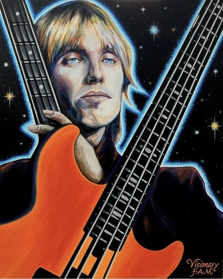 A digital portrait of a person with blond hair and blue eyes holding an orange electric bass guitar, set against a backdrop of outer space with stars and planets, with a blue glow outline around the figure.