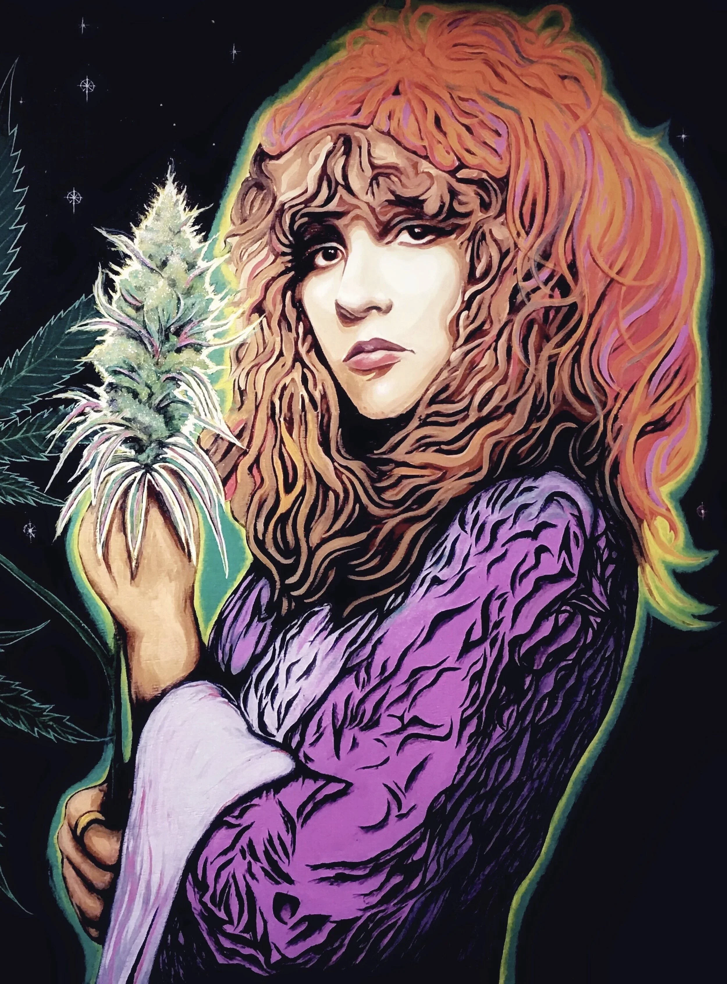 A colorful portrait of a woman with long, curly hair holding a cannabis plant, set against a dark background with stars and a glowing outline around her.
