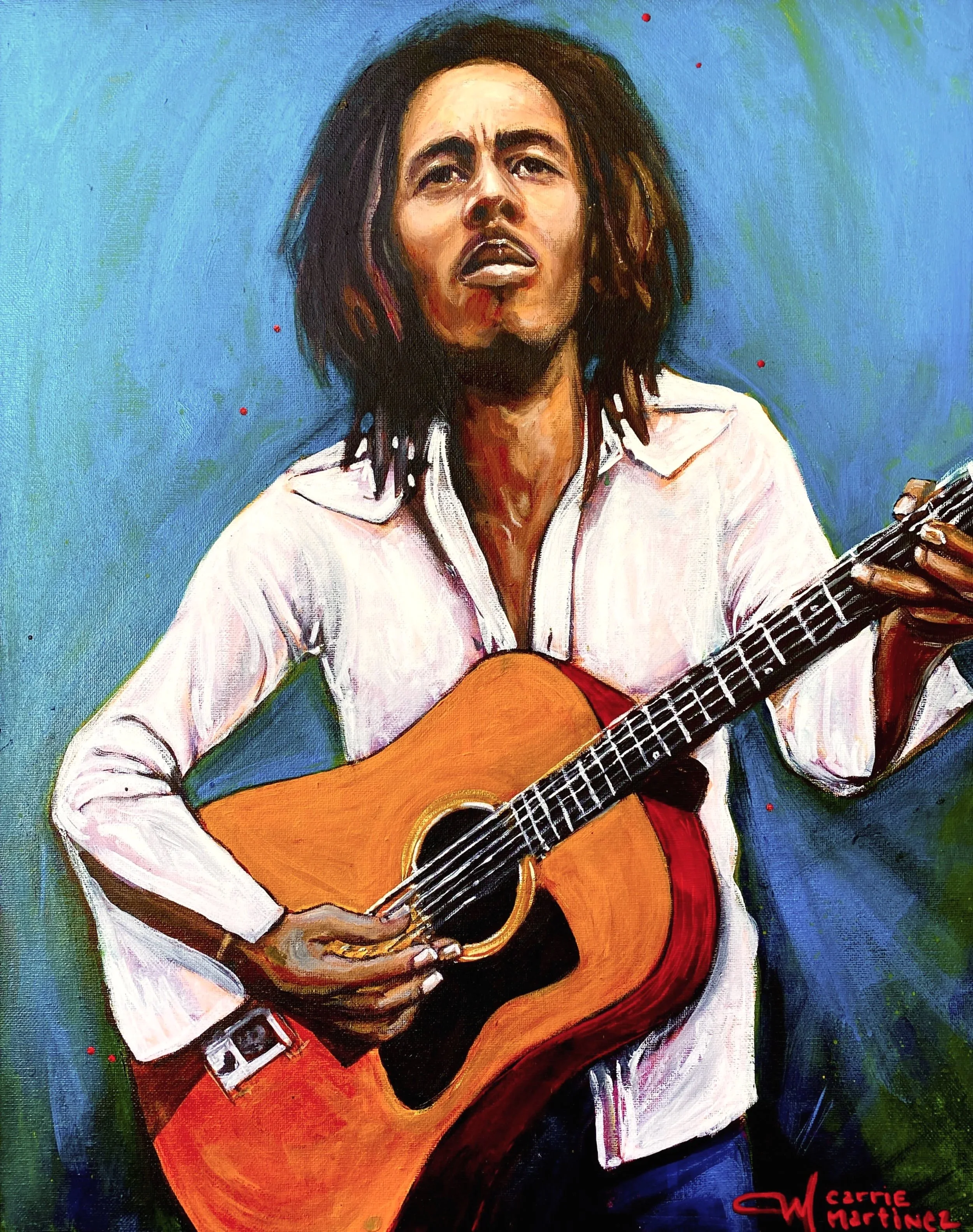 Painting of a woman with dreadlocks singing and playing an acoustic guitar against a blue background.
