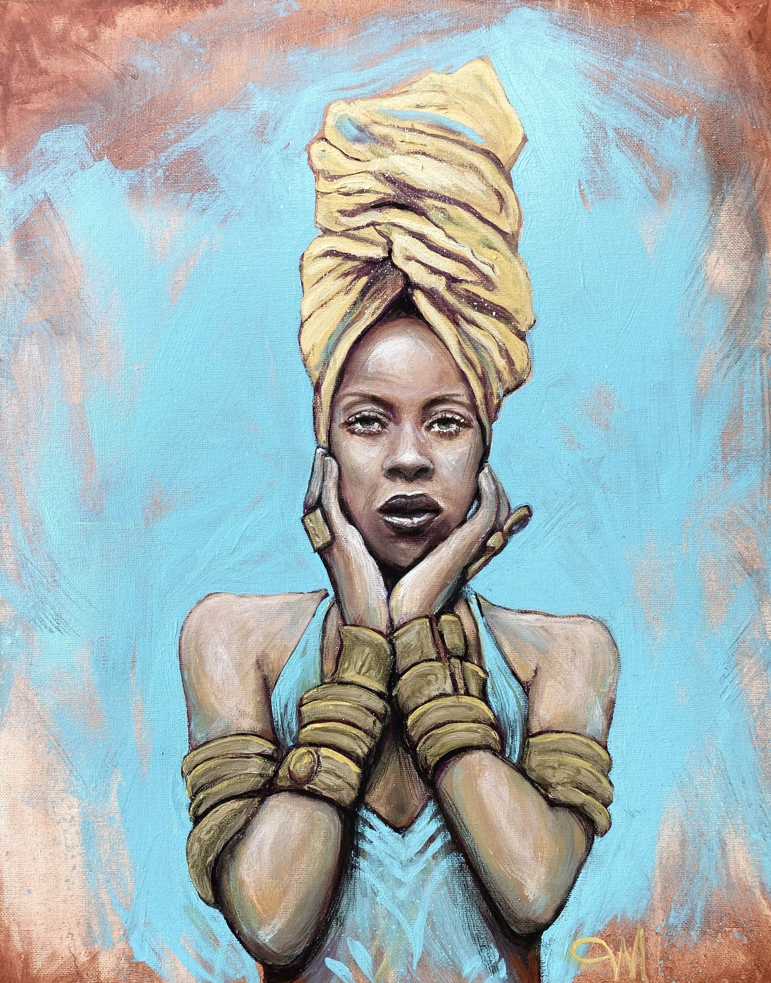 A portrait of a woman with a large yellow headwrap, gold jewelry, and a light blue top, holding her face with both hands and looking directly at the viewer, painted with expressive brushstrokes on a light blue background.